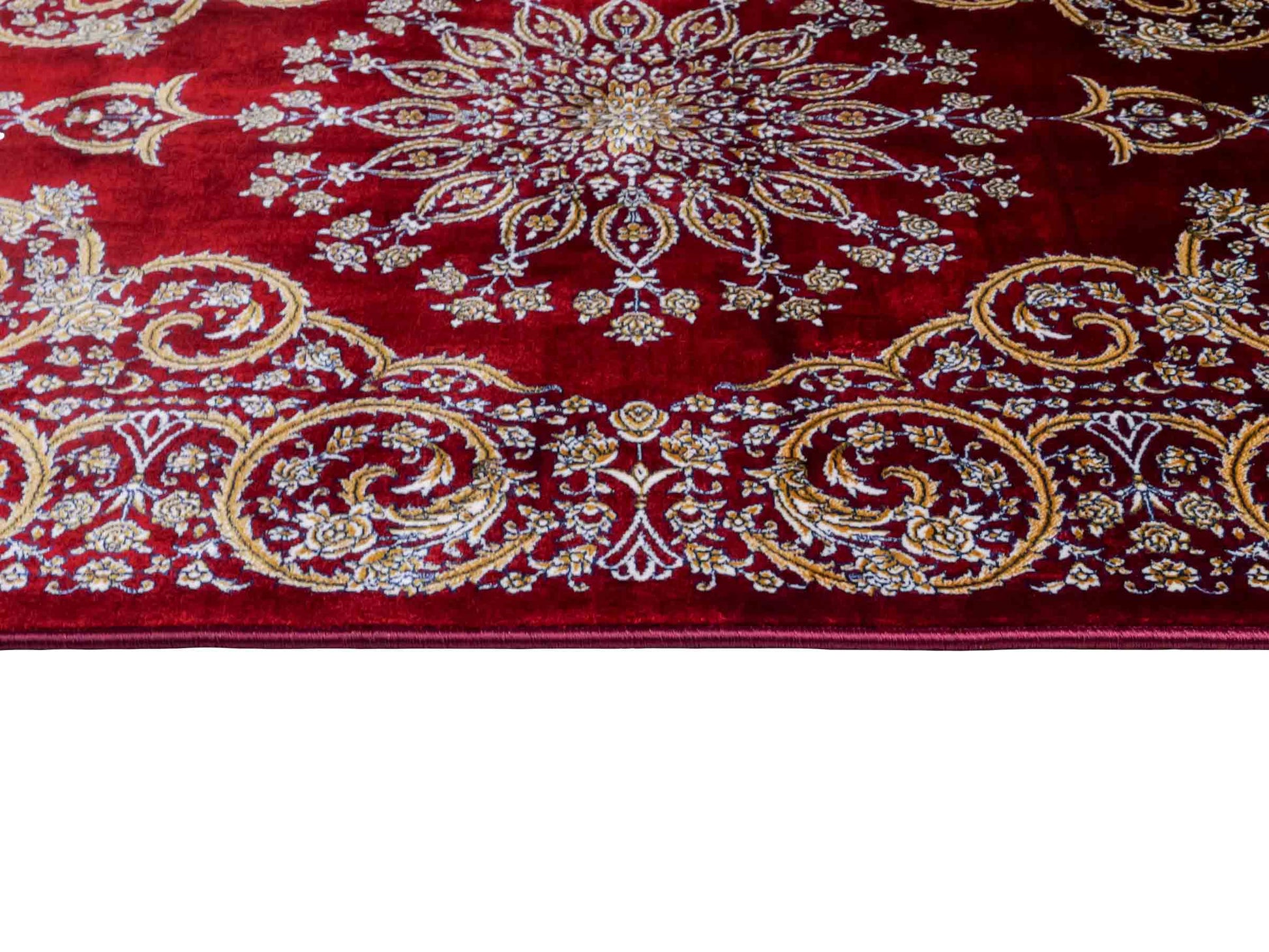 Ghom Maschinenteppich "Arash" 90 x 60 cm aus pflanzlicher Seide (Viskose) mit Spiegel-Medaillon, Rot. Teppichnummer: V4RD054M. Persian Luxury Collection by Khademi. Made in Iran / Persia – Vertrieb durch JUPITER Intl.