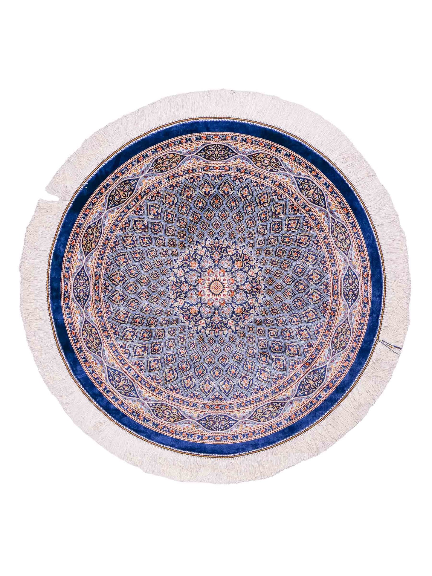 Runder Ghom Maschinenteppich "Ardashir" 100 x 100 cm aus pflanzlicher Seide (Viskose) mit Gumbad-Medaillon, Marineblau. Teppichnummer: V5NY100H. Persian Luxury Collection by Khademi. Made in Iran / Persia – Vertrieb durch JUPITER Intl.
