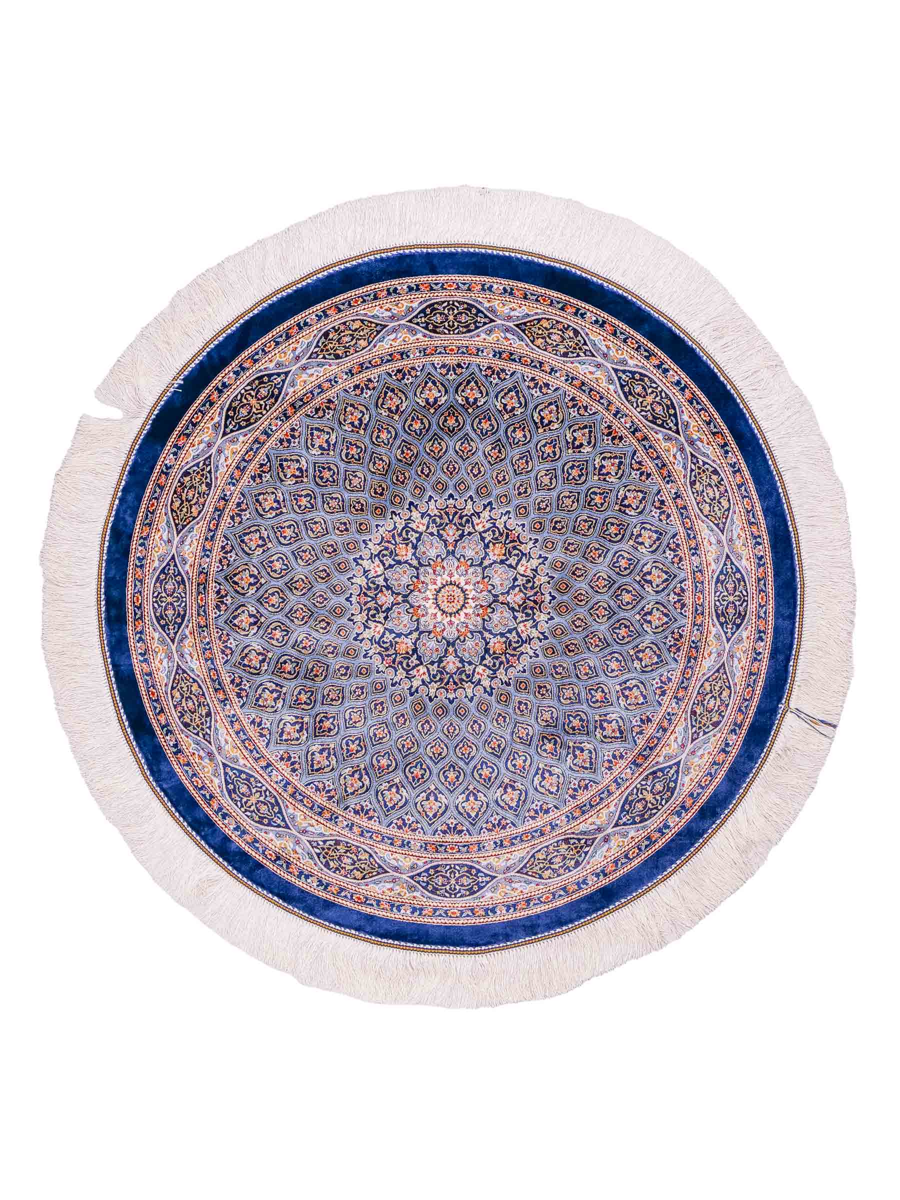 Runder Ghom Maschinenteppich "Ardashir" 100 x 100 cm aus pflanzlicher Seide (Viskose) mit Gumbad-Medaillon, Marineblau. Teppichnummer: V5NY100H. Persian Luxury Collection by Khademi. Made in Iran / Persia – Vertrieb durch JUPITER Intl.