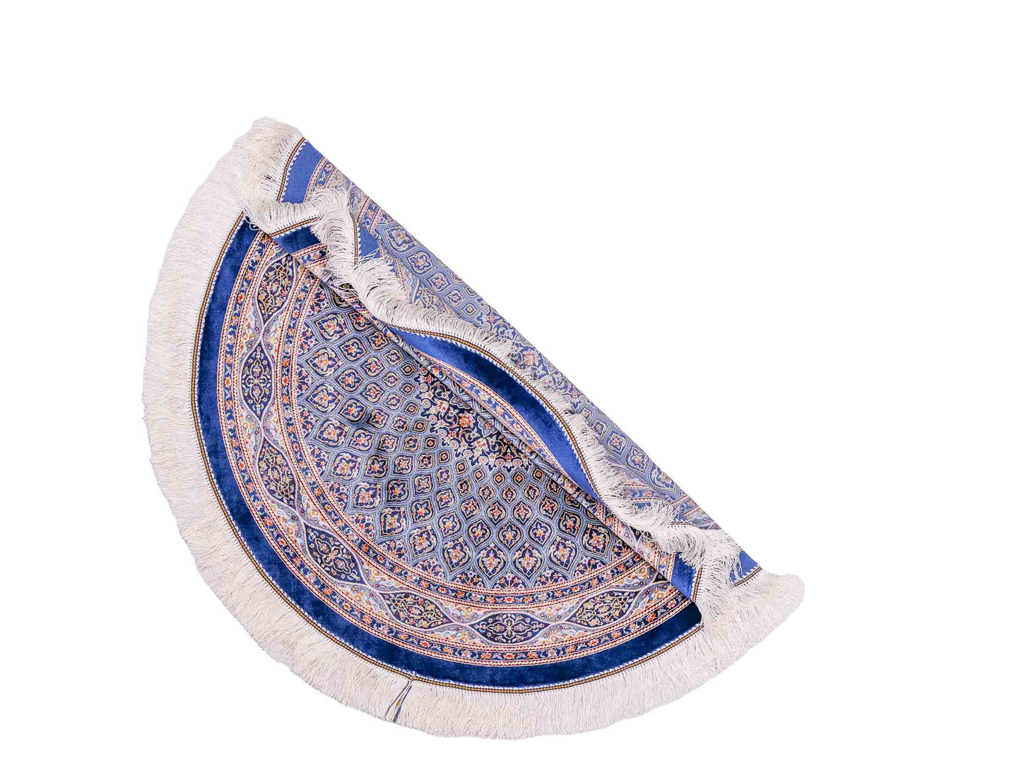Runder Ghom Maschinenteppich "Ardashir" 100 x 100 cm aus pflanzlicher Seide (Viskose) mit Gumbad-Medaillon, Marineblau. Teppichnummer: V5NY100H. Persian Luxury Collection by Khademi. Made in Iran / Persia – Vertrieb durch JUPITER Intl.