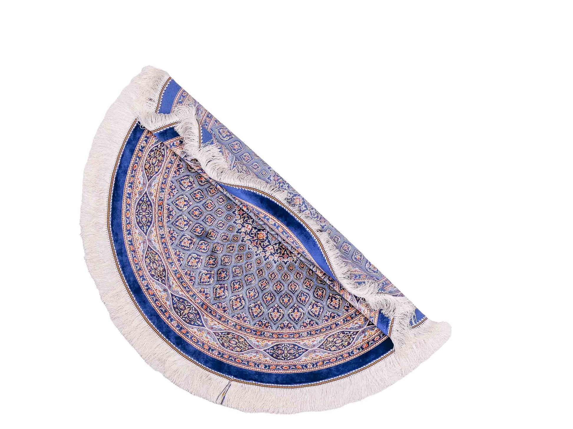 Runder Ghom Maschinenteppich "Ardashir" 100 x 100 cm aus pflanzlicher Seide (Viskose) mit Gumbad-Medaillon, Marineblau. Teppichnummer: V5NY100H. Persian Luxury Collection by Khademi. Made in Iran / Persia – Vertrieb durch JUPITER Intl.