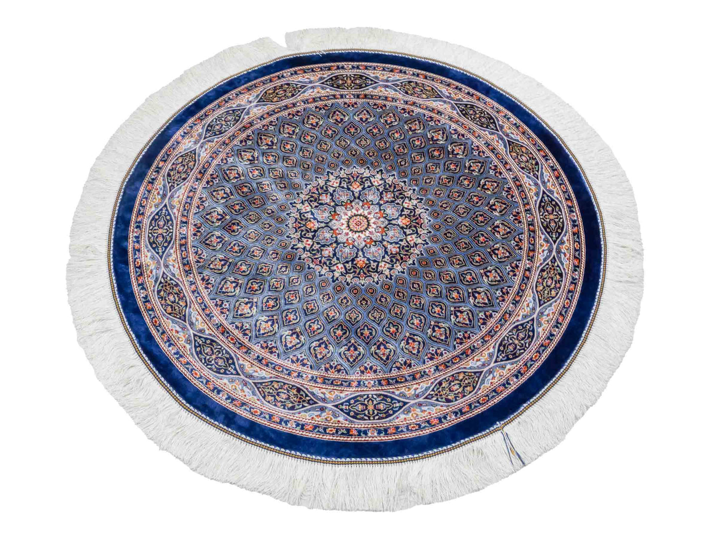 Runder Ghom Maschinenteppich "Ardashir" 100 x 100 cm aus pflanzlicher Seide (Viskose) mit Gumbad-Medaillon, Marineblau. Teppichnummer: V5NY100H. Persian Luxury Collection by Khademi. Made in Iran / Persia – Vertrieb durch JUPITER Intl.