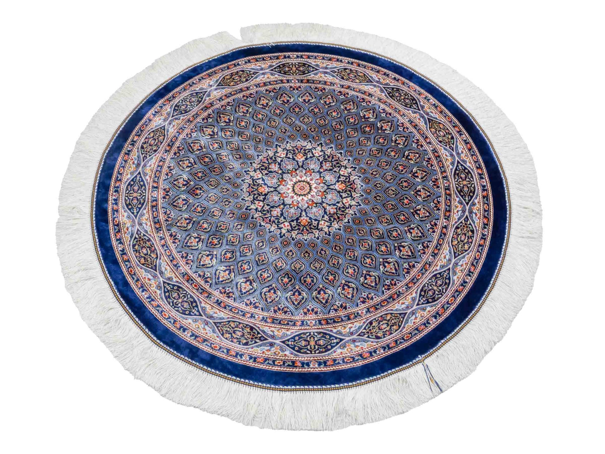Runder Ghom Maschinenteppich "Ardashir" 100 x 100 cm aus pflanzlicher Seide (Viskose) mit Gumbad-Medaillon, Marineblau. Teppichnummer: V5NY100H. Persian Luxury Collection by Khademi. Made in Iran / Persia – Vertrieb durch JUPITER Intl.