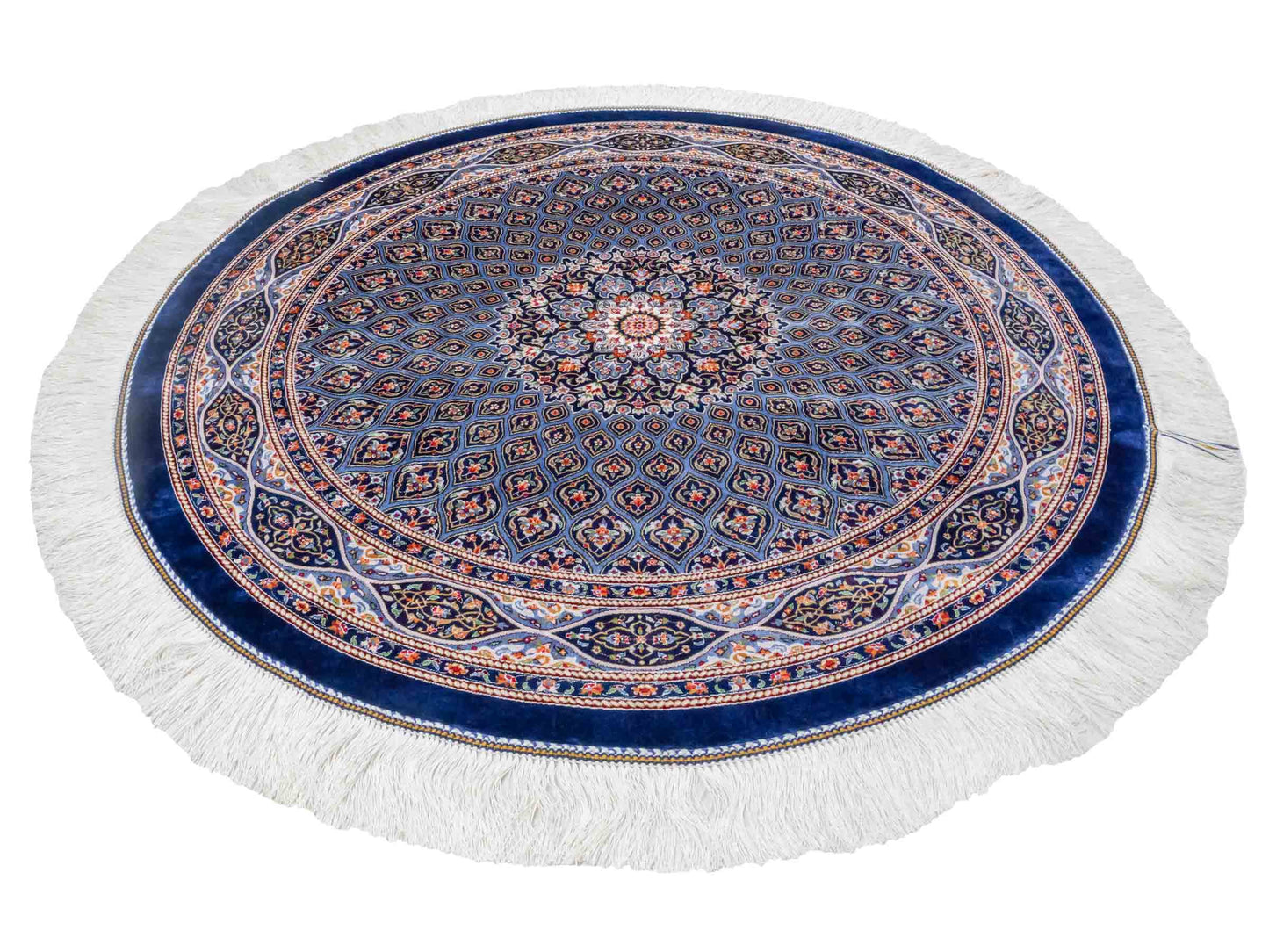 Runder Ghom Maschinenteppich "Ardashir" 100 x 100 cm aus pflanzlicher Seide (Viskose) mit Gumbad-Medaillon, Marineblau. Teppichnummer: V5NY100H. Persian Luxury Collection by Khademi. Made in Iran / Persia – Vertrieb durch JUPITER Intl.