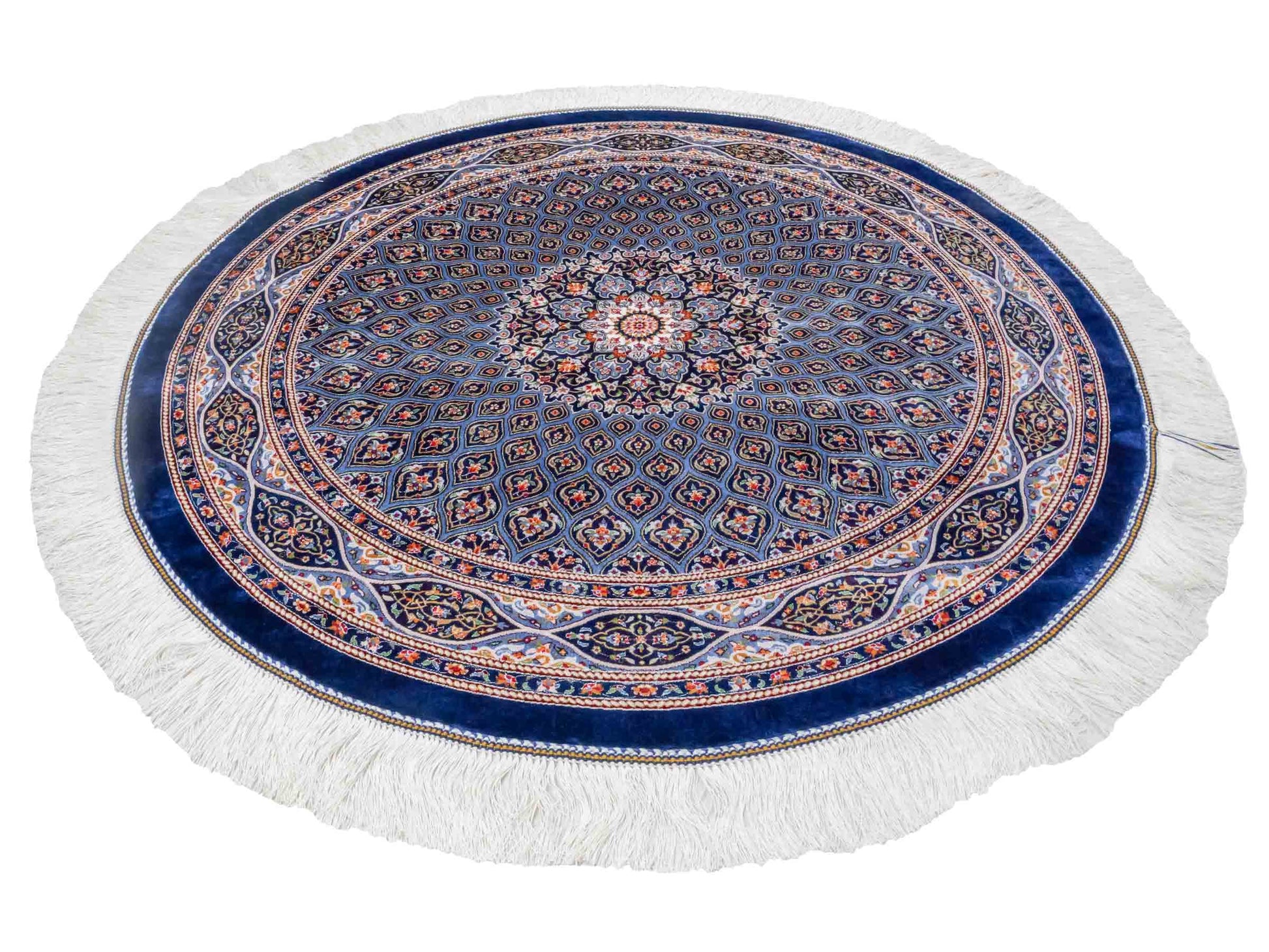 Runder Ghom Maschinenteppich "Ardashir" 100 x 100 cm aus pflanzlicher Seide (Viskose) mit Gumbad-Medaillon, Marineblau. Teppichnummer: V5NY100H. Persian Luxury Collection by Khademi. Made in Iran / Persia – Vertrieb durch JUPITER Intl.