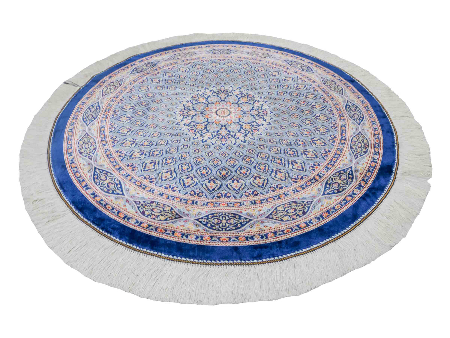 Runder Ghom Maschinenteppich "Ardashir" 100 x 100 cm aus pflanzlicher Seide (Viskose) mit Gumbad-Medaillon, Marineblau. Teppichnummer: V5NY100H. Persian Luxury Collection by Khademi. Made in Iran / Persia – Vertrieb durch JUPITER Intl.