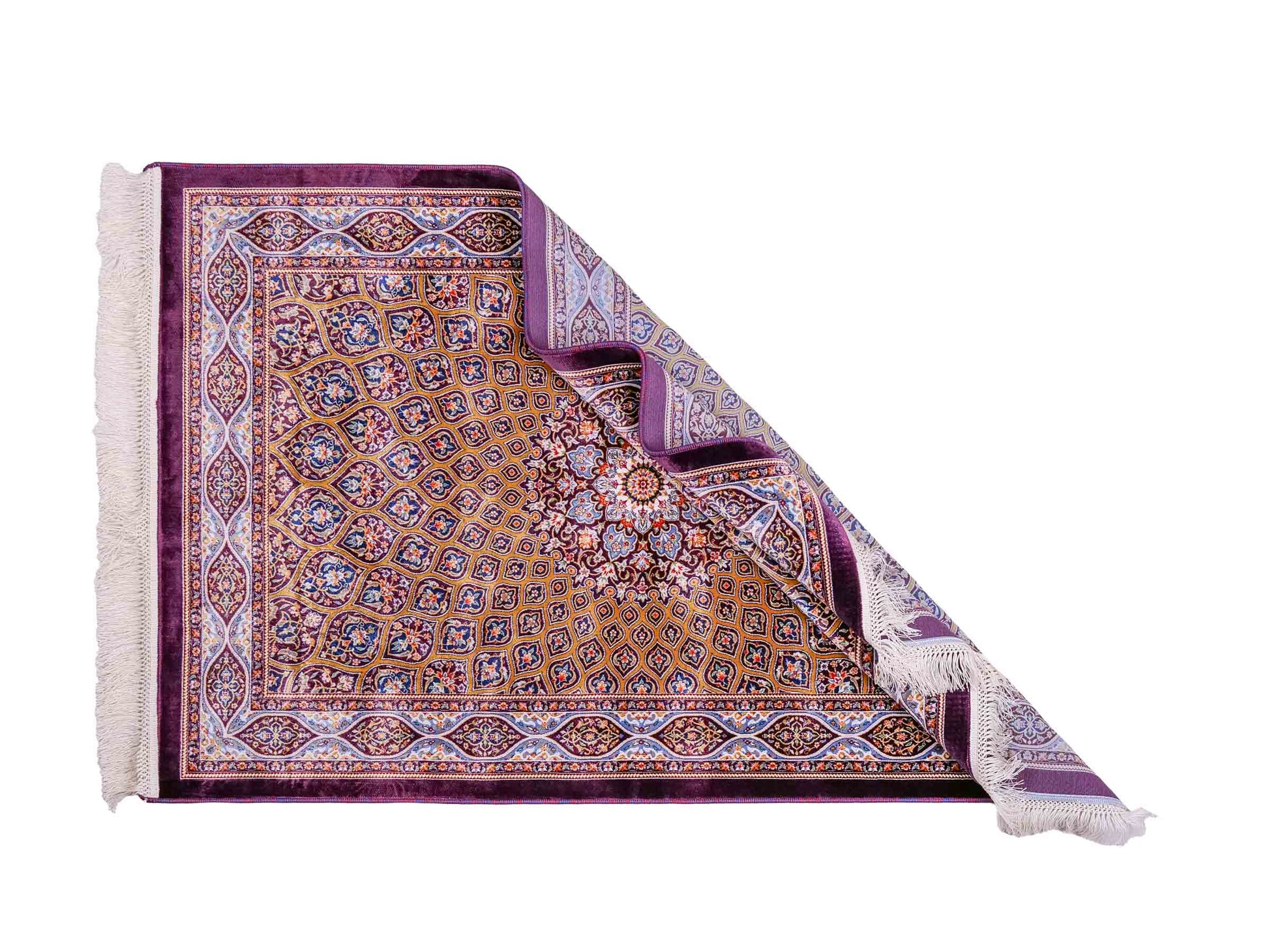 Ghom Maschinenteppich "Ardashir" 120 x 80 cm aus pflanzlicher Seide (Viskose) mit Gumbad-Medaillon, Lila-Violett. Teppichnummer: V5AE096M. Persian Luxury Collection by Khademi. Made in Iran / Persia – Vertrieb durch JUPITER Intl.