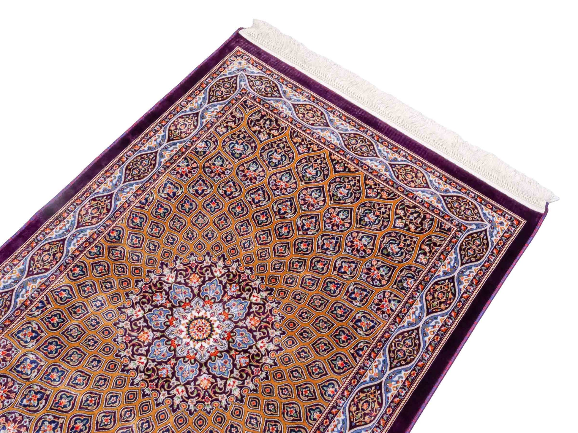 Ghom Maschinenteppich "Ardashir" 120 x 80 cm aus pflanzlicher Seide (Viskose) mit Gumbad-Medaillon, Lila-Violett. Teppichnummer: V5AE096M. Persian Luxury Collection by Khademi. Made in Iran / Persia – Vertrieb durch JUPITER Intl.