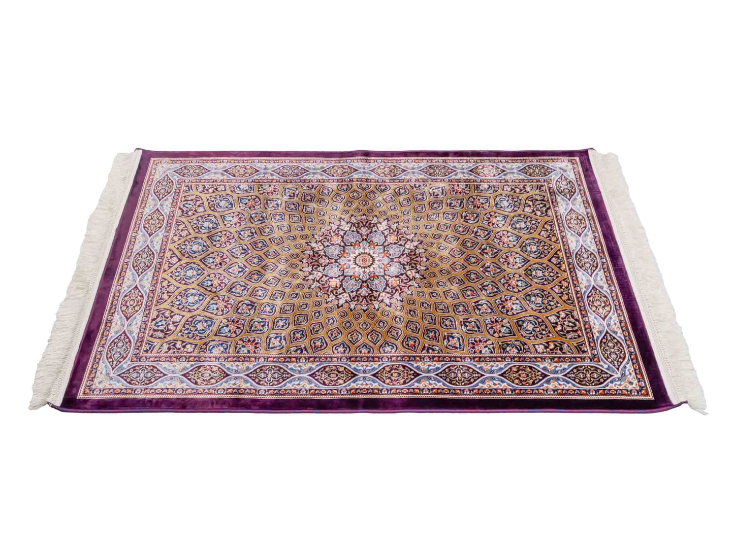Ghom Maschinenteppich "Ardashir" 120 x 80 cm aus pflanzlicher Seide (Viskose) mit Gumbad-Medaillon, Lila-Violett. Teppichnummer: V5AE096M. Persian Luxury Collection by Khademi. Made in Iran / Persia – Vertrieb durch JUPITER Intl.
