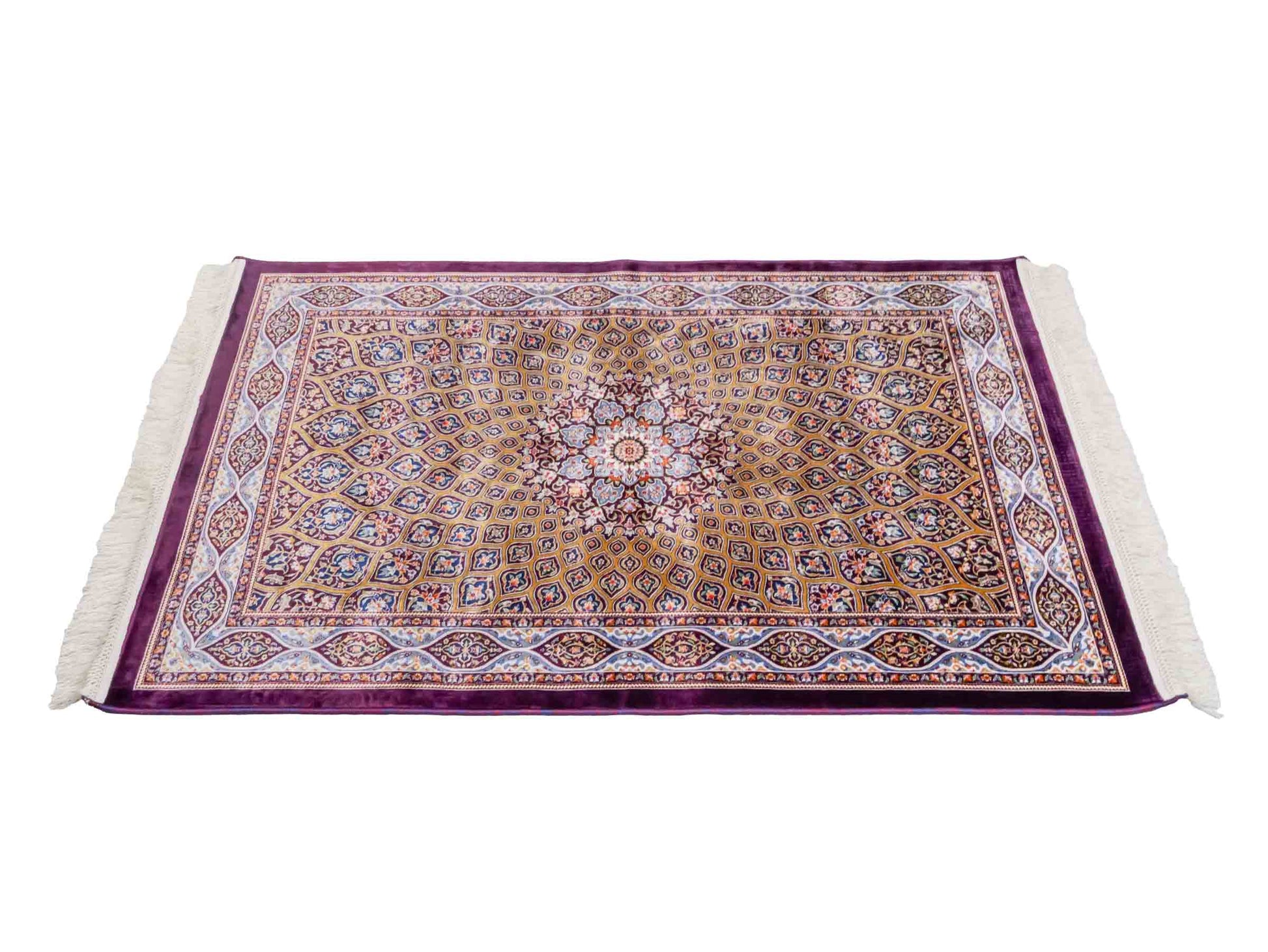 Ghom Maschinenteppich "Ardashir" 120 x 80 cm aus pflanzlicher Seide (Viskose) mit Gumbad-Medaillon, Lila-Violett. Teppichnummer: V5AE096M. Persian Luxury Collection by Khademi. Made in Iran / Persia – Vertrieb durch JUPITER Intl.
