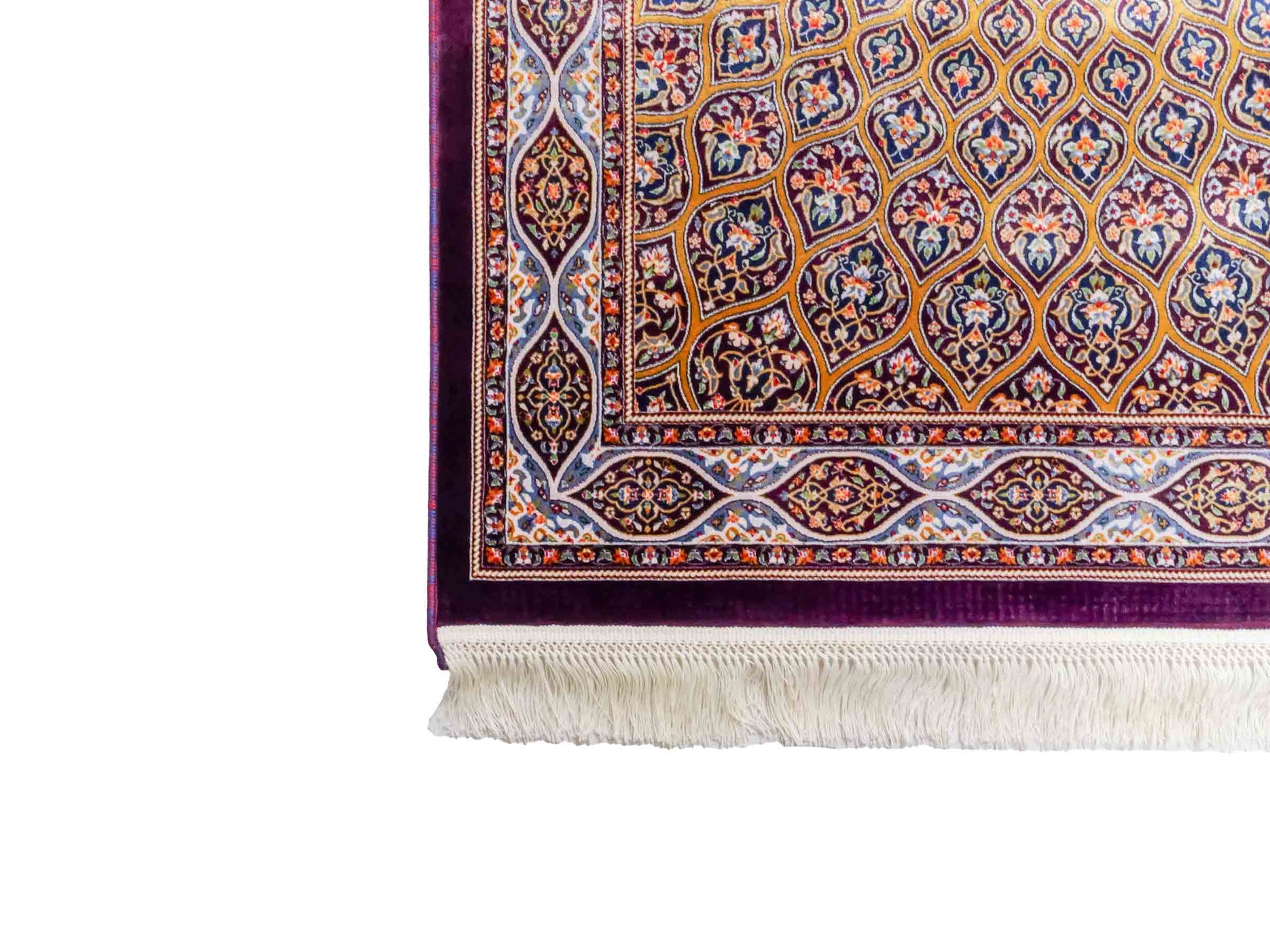 Ghom Maschinenteppich "Ardashir" 120 x 80 cm aus pflanzlicher Seide (Viskose) mit Gumbad-Medaillon, Lila-Violett. Teppichnummer: V5AE096M. Persian Luxury Collection by Khademi. Made in Iran / Persia – Vertrieb durch JUPITER Intl.