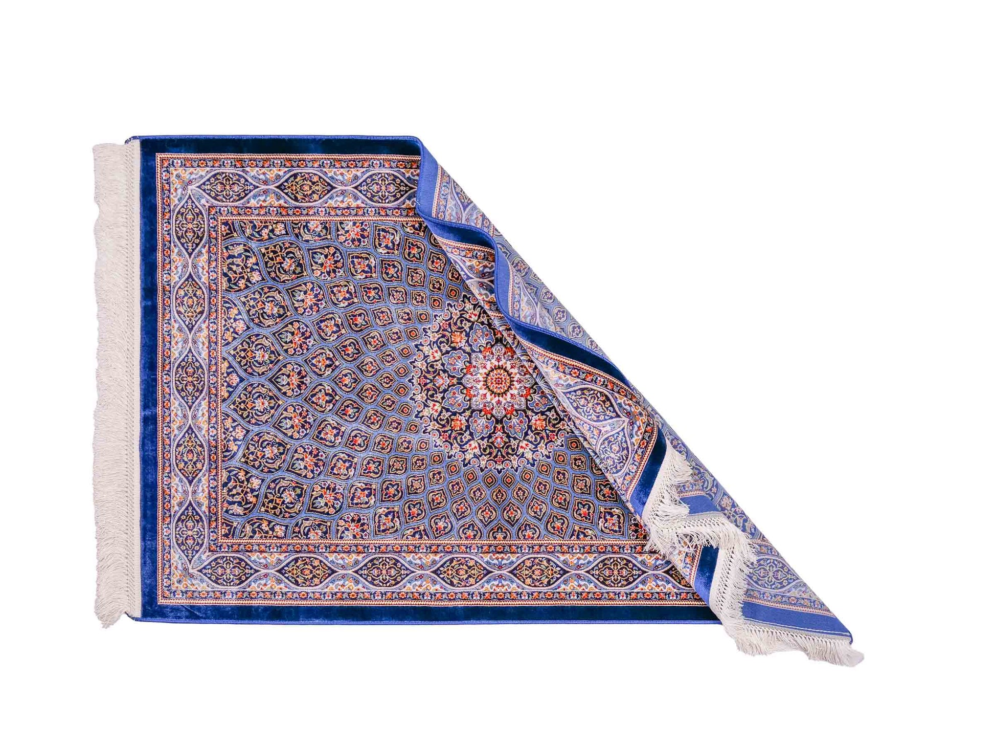 Ghom Maschinenteppich "Ardashir" 120 x 80 cm aus pflanzlicher Seide (Viskose) mit Gumbad-Medaillon, Marineblau. Teppichnummer: V5NY096M. Persian Luxury Collection by Khademi. Made in Iran / Persia – Vertrieb durch JUPITER Intl.
