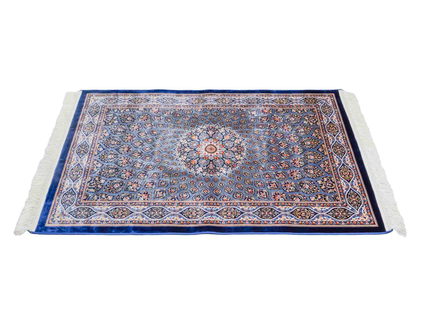 Ghom Maschinenteppich "Ardashir" 120 x 80 cm aus pflanzlicher Seide (Viskose) mit Gumbad-Medaillon, Marineblau. Teppichnummer: V5NY096M. Persian Luxury Collection by Khademi. Made in Iran / Persia – Vertrieb durch JUPITER Intl.
