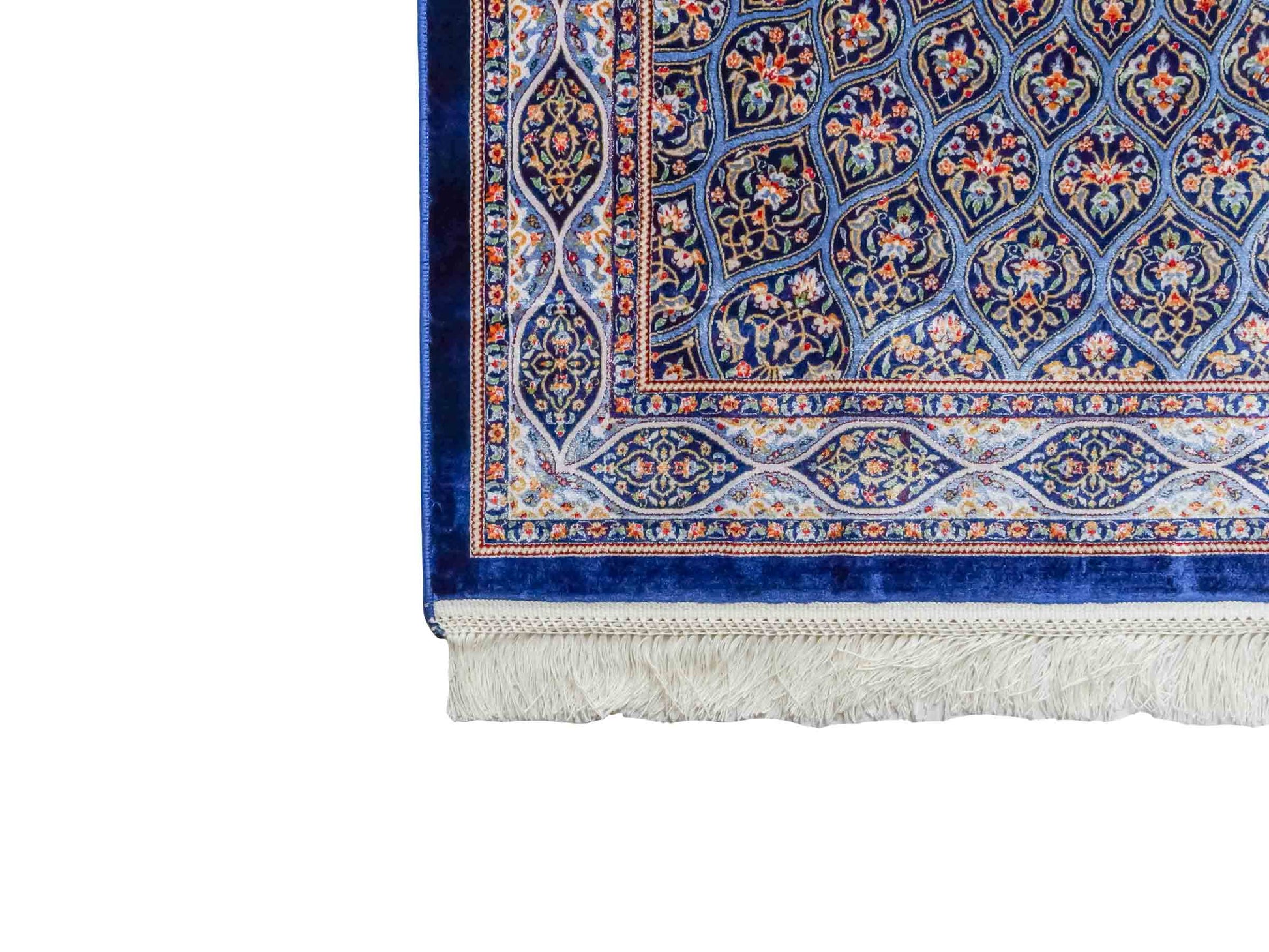 Ghom Maschinenteppich "Ardashir" 120 x 80 cm aus pflanzlicher Seide (Viskose) mit Gumbad-Medaillon, Marineblau. Teppichnummer: V5NY096M. Persian Luxury Collection by Khademi. Made in Iran / Persia – Vertrieb durch JUPITER Intl.
