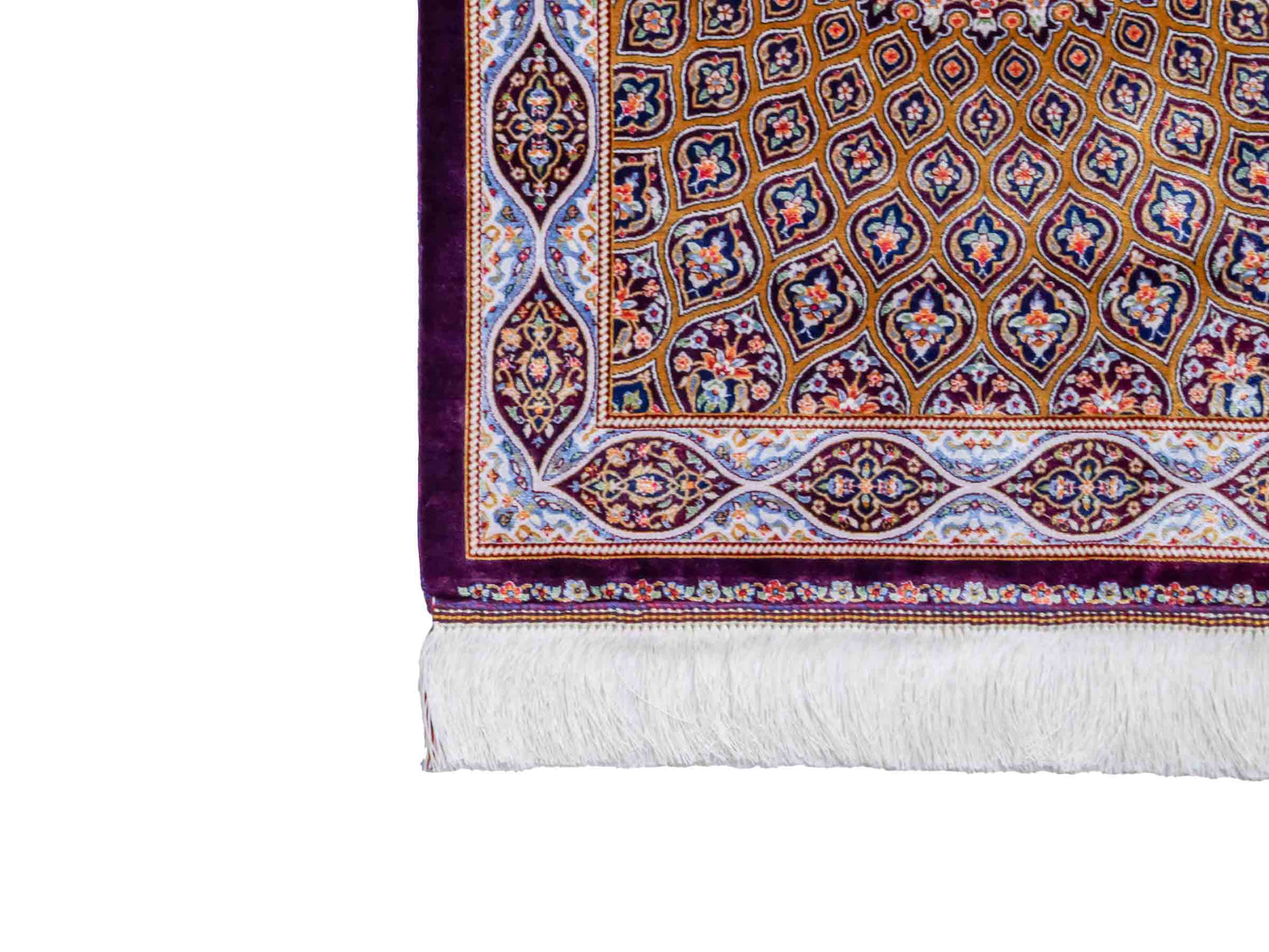 Ghom Maschinenteppich "Ardashir" 90 x 60 cm aus pflanzlicher Seide (Viskose) mit Gumbad-Medaillon, Lila-Violett. Teppichnummer: V5AE054H. Persian Luxury Collection by Khademi. Made in Iran / Persia – Vertrieb durch JUPITER Intl.