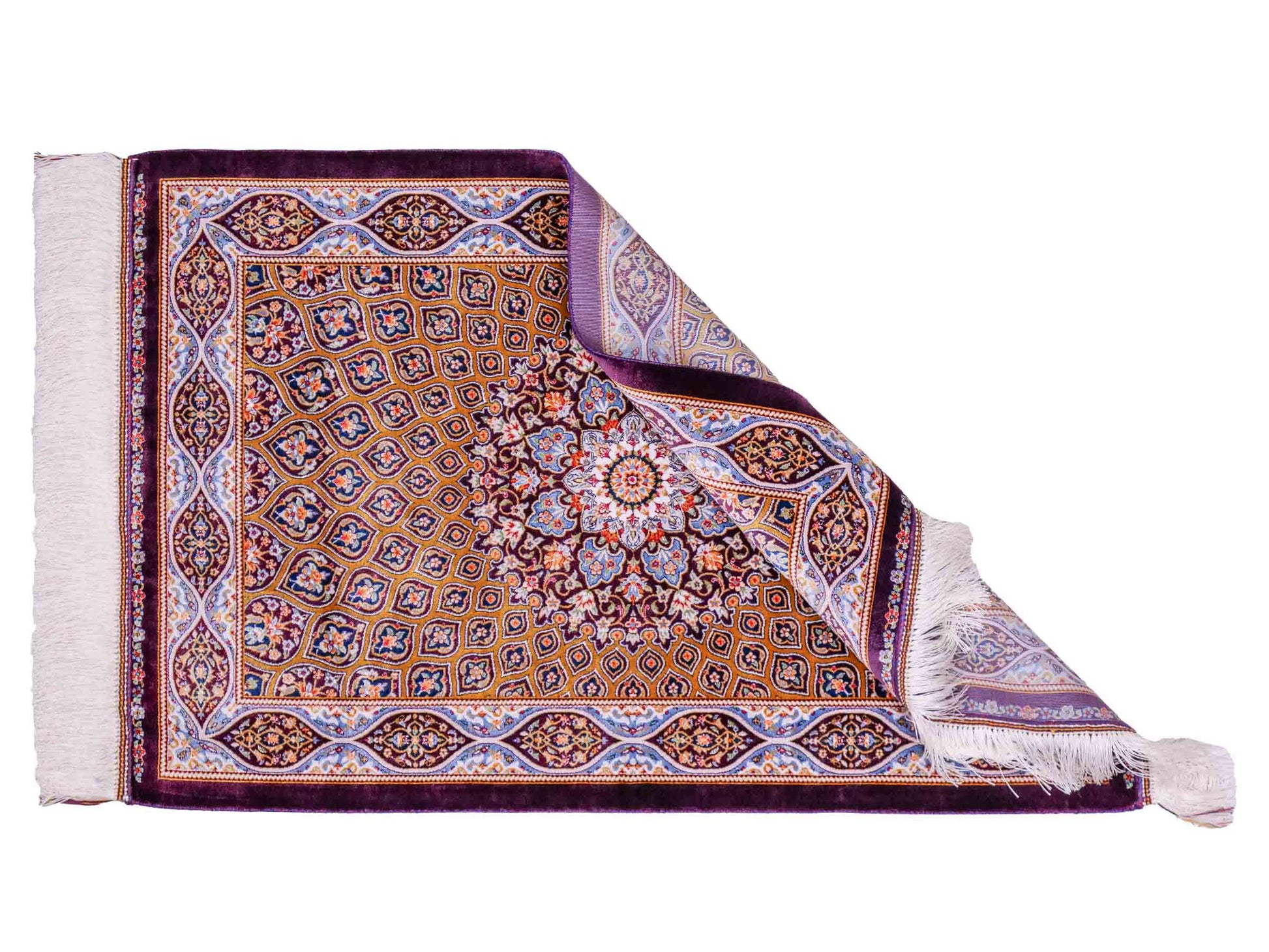 Ghom Maschinenteppich "Ardashir" 90 x 60 cm aus pflanzlicher Seide (Viskose) mit Gumbad-Medaillon, Lila-Violett. Teppichnummer: V5AE054H. Persian Luxury Collection by Khademi. Made in Iran / Persia – Vertrieb durch JUPITER Intl.