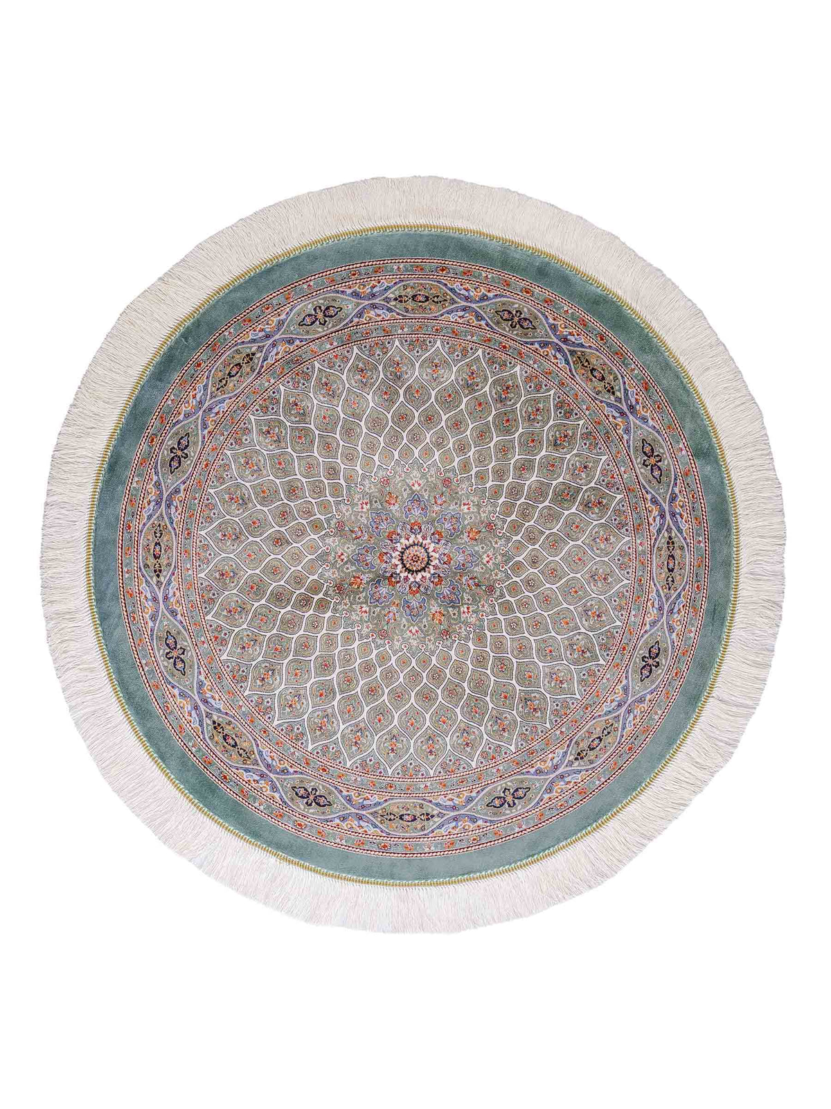 Runder Ghom Maschinenteppich "Ardashir" 100 x 100 cm, mit Medaillon, aus pflanzlicher Seide (Viskose), Türkis. Teppichnummer: V5TL100H. Persian Luxury Collection by Khademi. Made in Iran / Persia – Vertrieb durch JUPITER Intl.
