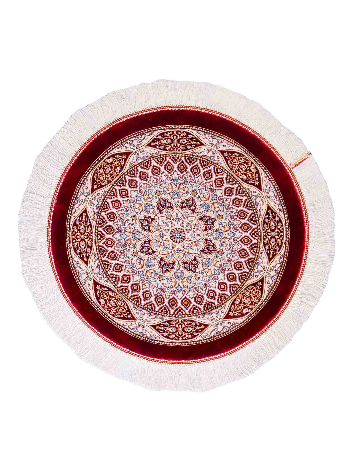 Runder Ghom Maschinenteppich "Ardashir" 60 x 60 cm, mit Medaillon, aus pflanzlicher Seide (Viskose), Rot. Teppichnummer: V5RD036H. Persian Luxury Collection by Khademi. Made in Iran / Persia – Vertrieb durch JUPITER Intl.