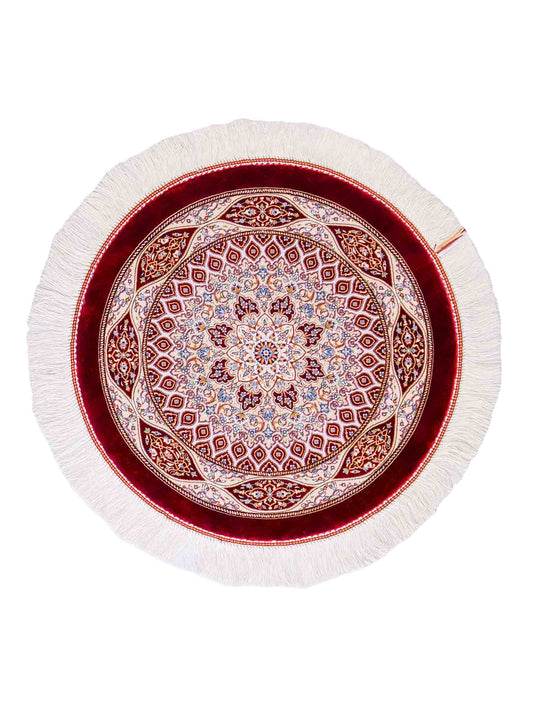 Runder Ghom Maschinenteppich "Ardashir" 60 x 60 cm, mit Medaillon, aus pflanzlicher Seide (Viskose), Rot. Teppichnummer: V5RD036H. Persian Luxury Collection by Khademi. Made in Iran / Persia – Vertrieb durch JUPITER Intl.