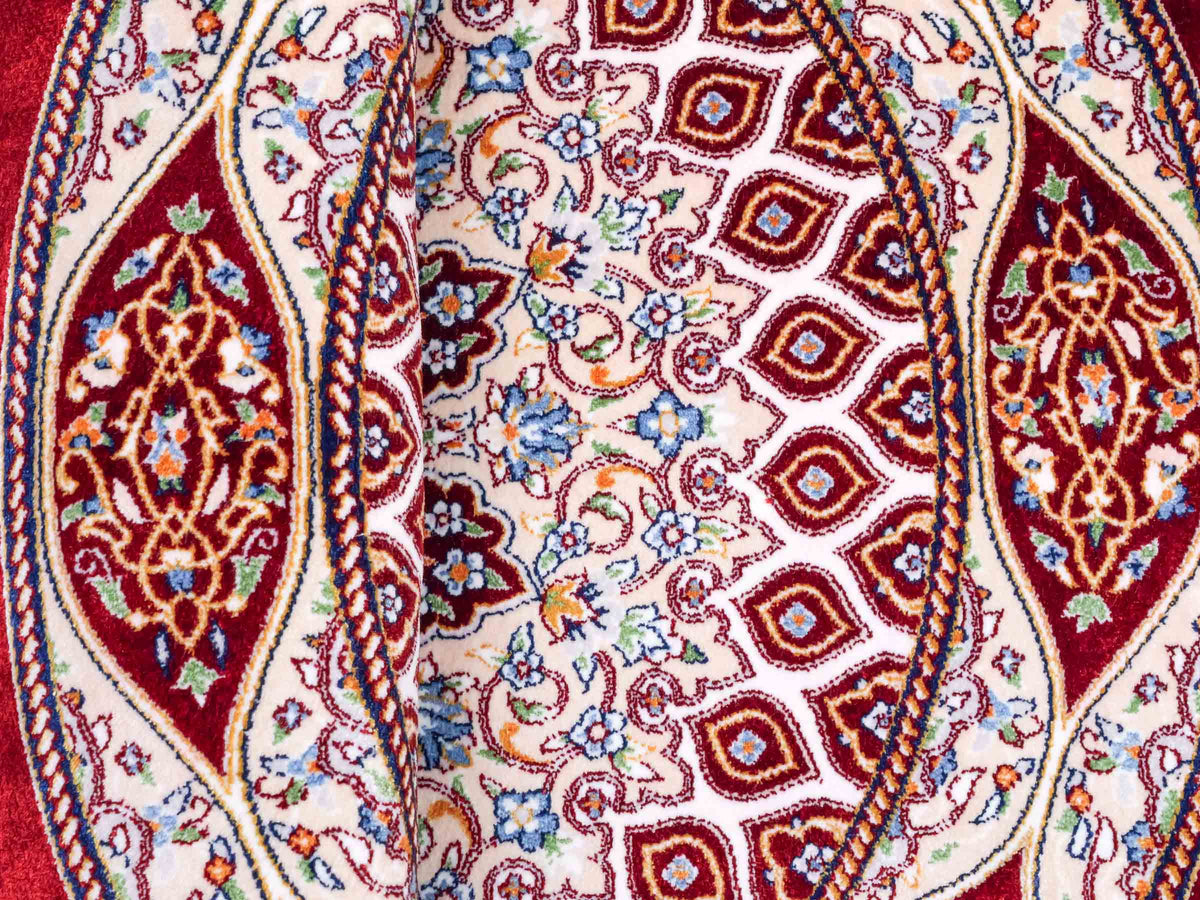Runder Ghom Maschinenteppich "Ardashir" 60 x 60 cm, mit Medaillon, aus pflanzlicher Seide (Viskose), Rot. Teppichnummer: V5RD036H. Persian Luxury Collection by Khademi. Made in Iran / Persia – Vertrieb durch JUPITER Intl.