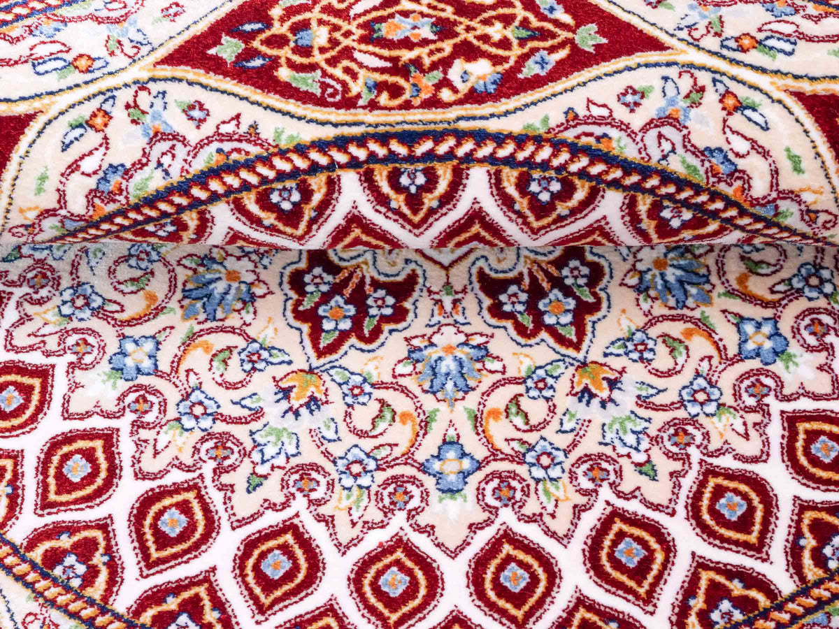 Runder Ghom Maschinenteppich "Ardashir" 60 x 60 cm, mit Medaillon, aus pflanzlicher Seide (Viskose), Rot. Teppichnummer: V5RD036H. Persian Luxury Collection by Khademi. Made in Iran / Persia – Vertrieb durch JUPITER Intl.
