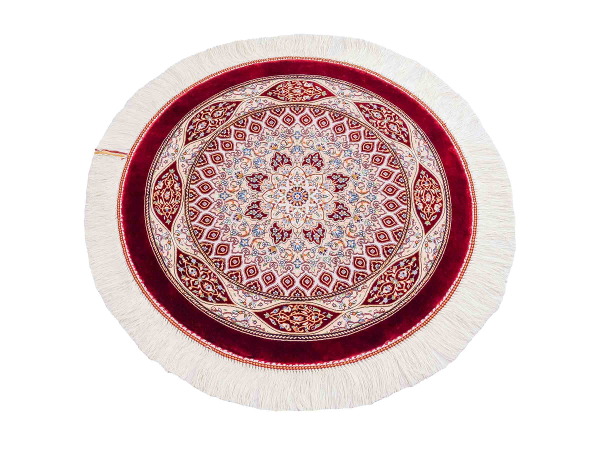 Runder Ghom Maschinenteppich "Ardashir" 60 x 60 cm, mit Medaillon, aus pflanzlicher Seide (Viskose), Rot. Teppichnummer: V5RD036H. Persian Luxury Collection by Khademi. Made in Iran / Persia – Vertrieb durch JUPITER Intl.