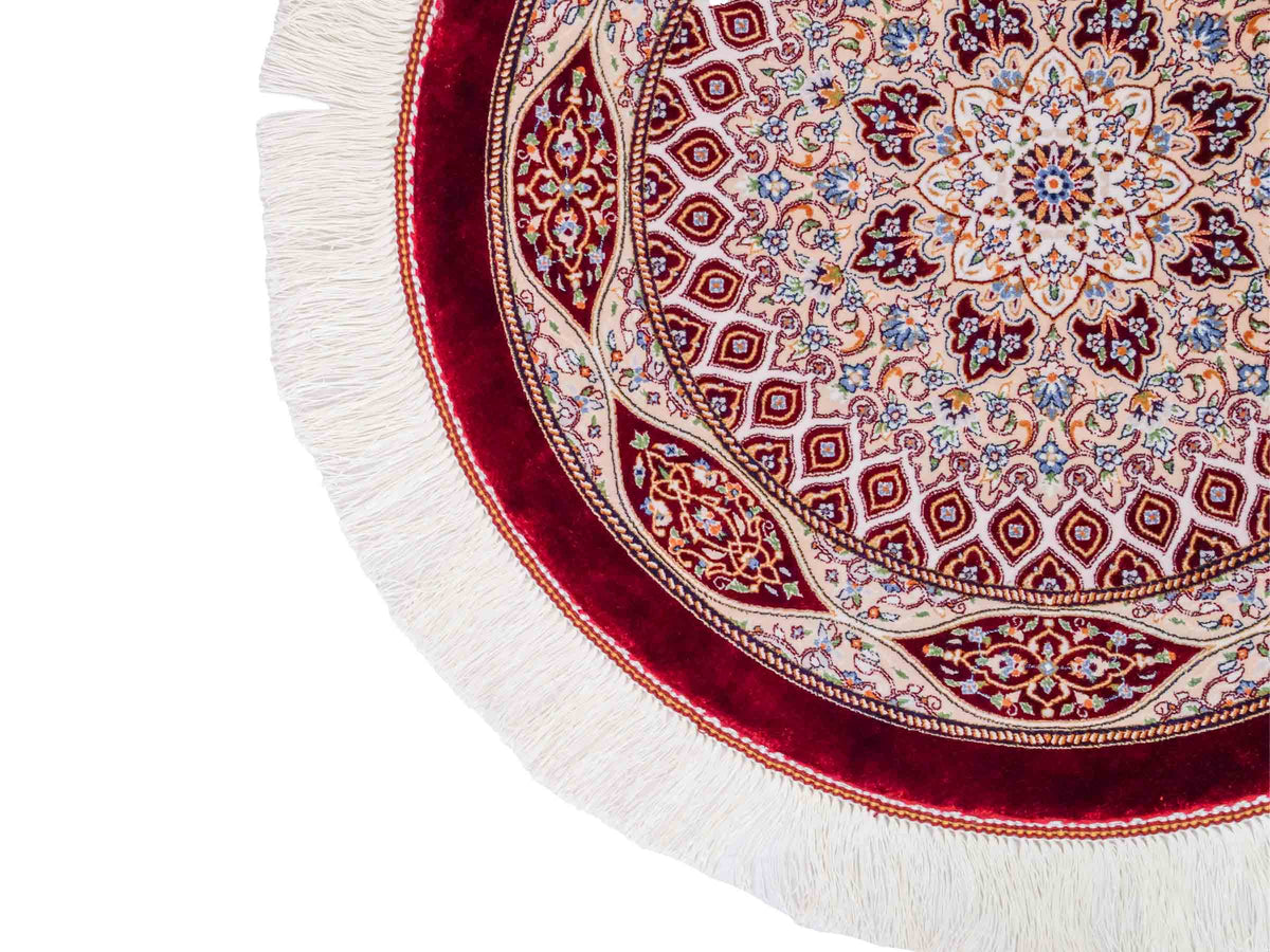 Runder Ghom Maschinenteppich "Ardashir" 60 x 60 cm, mit Medaillon, aus pflanzlicher Seide (Viskose), Rot. Teppichnummer: V5RD036H. Persian Luxury Collection by Khademi. Made in Iran / Persia – Vertrieb durch JUPITER Intl.