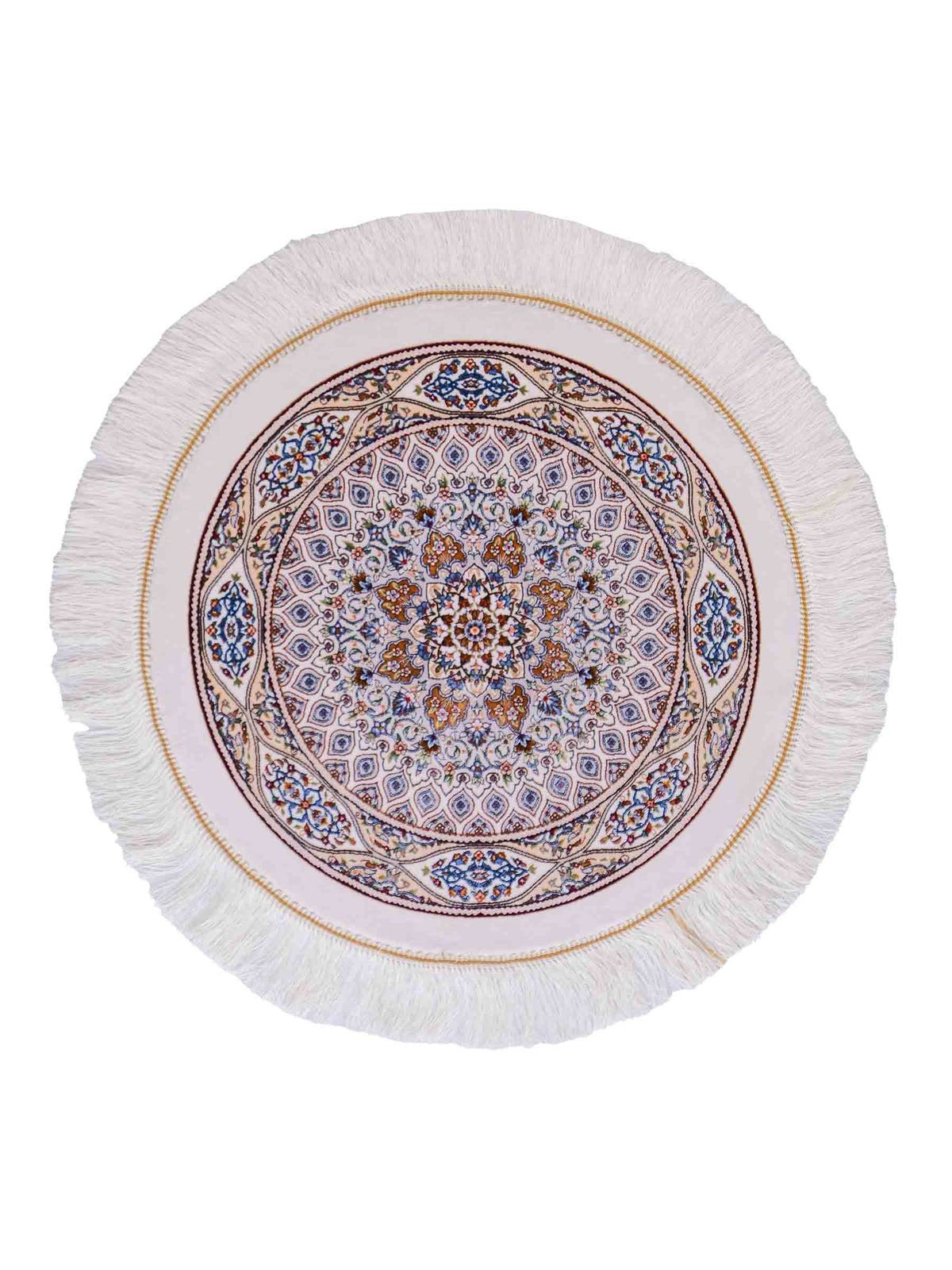 Runder Ghom Maschinenteppich "Ardashir" 60 x 60 cm, mit Medaillon, aus pflanzlicher Seide (Viskose), Cremeweiß. Teppichnummer: V5CR036H. Persian Luxury Collection by Khademi. Made in Iran / Persia – Vertrieb durch JUPITER Intl.