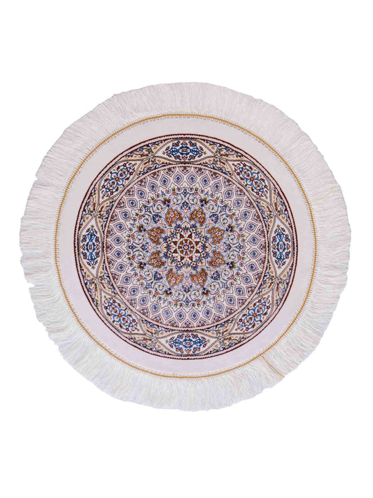 Runder Ghom Maschinenteppich "Ardashir" 60 x 60 cm, mit Medaillon, aus pflanzlicher Seide (Viskose), Cremeweiß. Teppichnummer: V5CR036H. Persian Luxury Collection by Khademi. Made in Iran / Persia – Vertrieb durch JUPITER Intl.