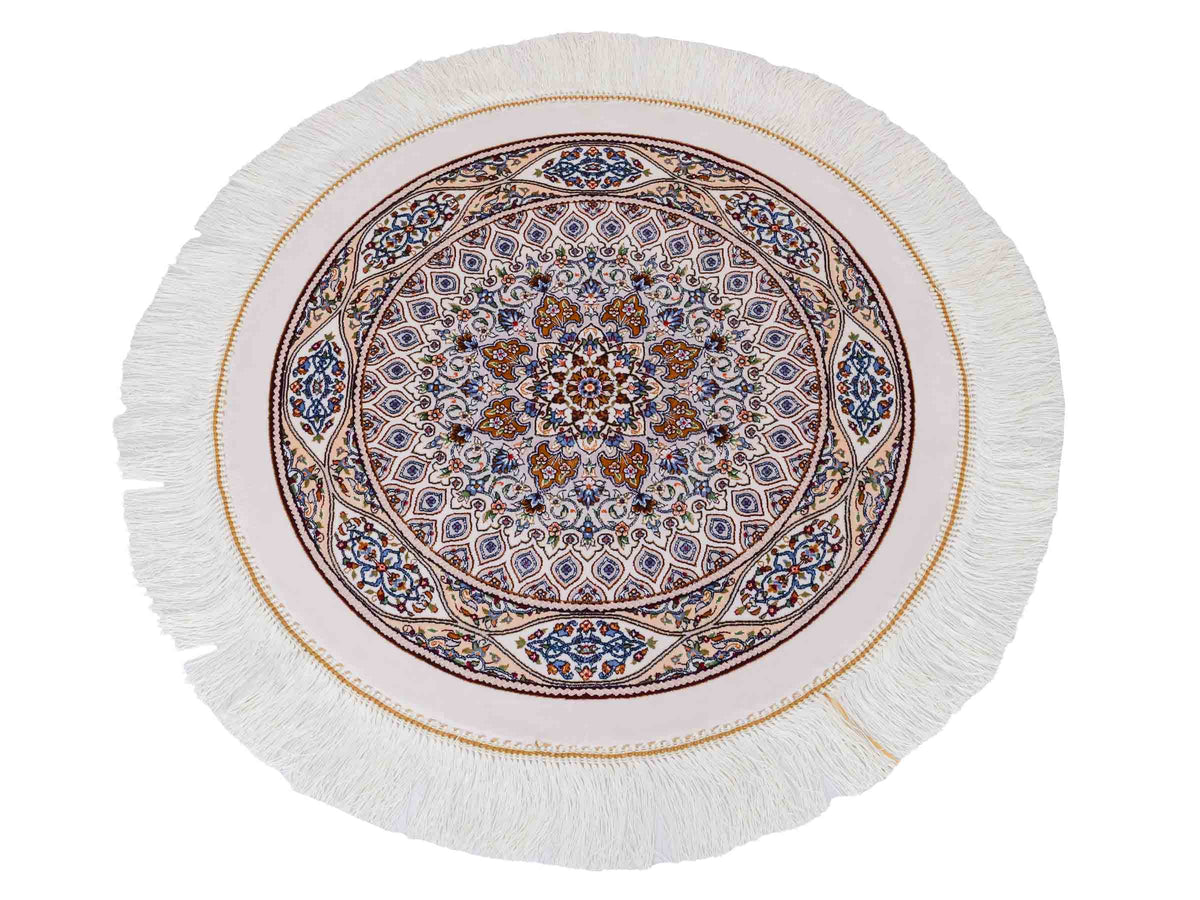 Runder Ghom Maschinenteppich "Ardashir" 60 x 60 cm, mit Medaillon, aus pflanzlicher Seide (Viskose), Cremeweiß. Teppichnummer: V5CR036H. Persian Luxury Collection by Khademi. Made in Iran / Persia – Vertrieb durch JUPITER Intl.