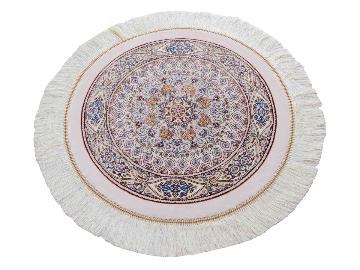 Runder Ghom Maschinenteppich "Ardashir" 60 x 60 cm, mit Medaillon, aus pflanzlicher Seide (Viskose), Cremeweiß. Teppichnummer: V5CR036H. Persian Luxury Collection by Khademi. Made in Iran / Persia – Vertrieb durch JUPITER Intl.