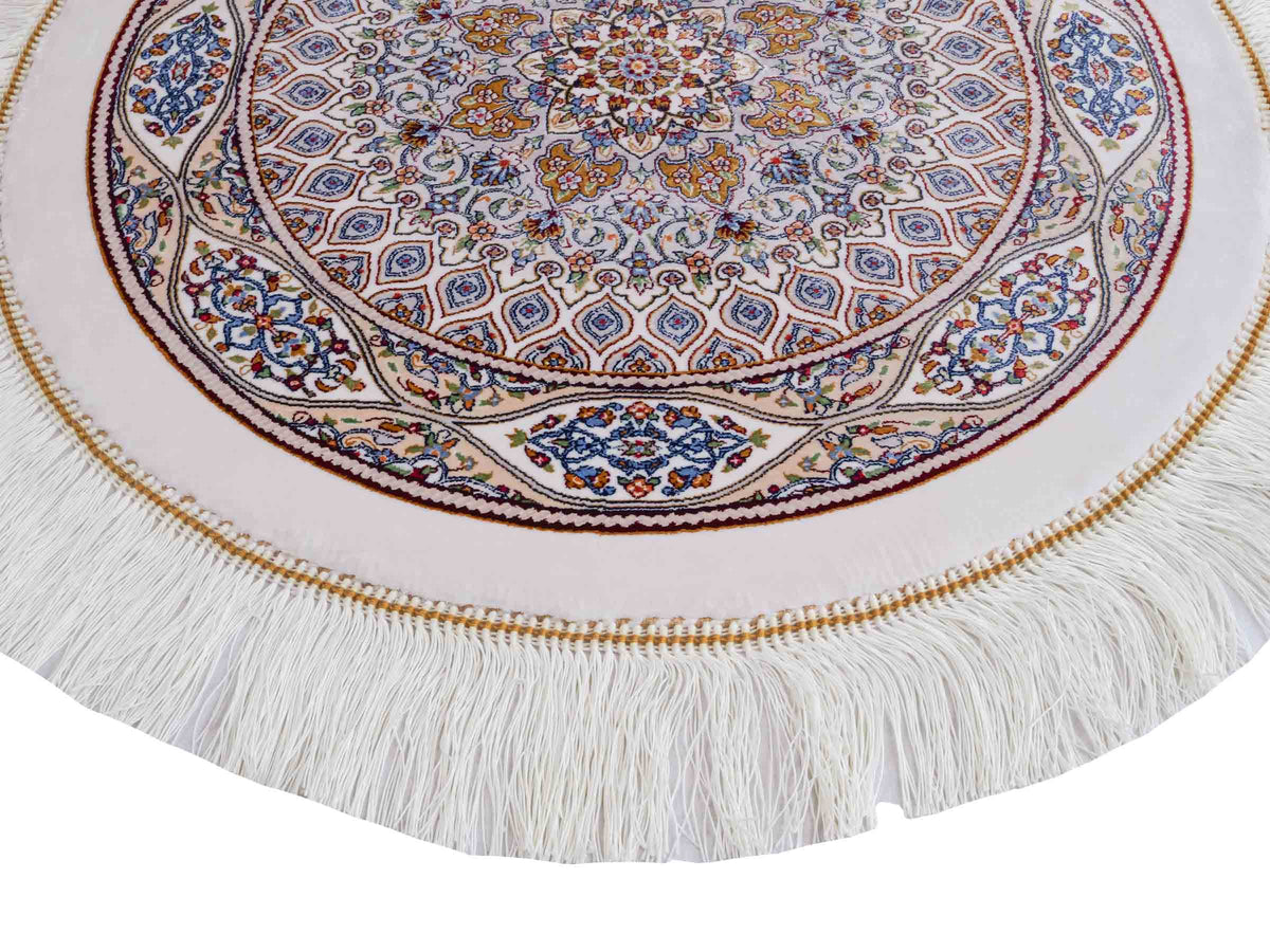 Runder Ghom Maschinenteppich "Ardashir" 60 x 60 cm, mit Medaillon, aus pflanzlicher Seide (Viskose), Cremeweiß. Teppichnummer: V5CR036H. Persian Luxury Collection by Khademi. Made in Iran / Persia – Vertrieb durch JUPITER Intl.