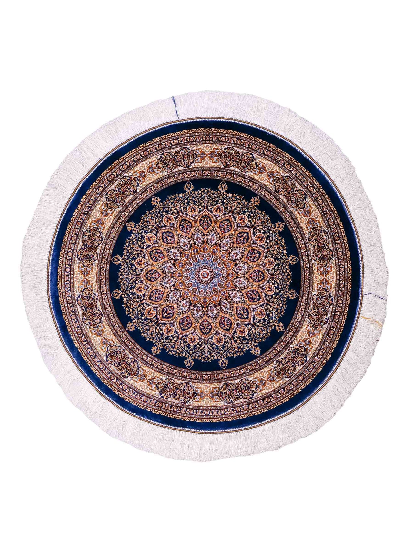 Runder Ghom Maschinenteppich "Arsaces" 100 x 100 cm aus pflanzlicher Seide (Viskose) mit Medaillon, Marineblau. Teppichnummer: V7NY100H. Persian Luxury Collection by Khademi. Made in Iran / Persia – Vertrieb durch JUPITER Intl.