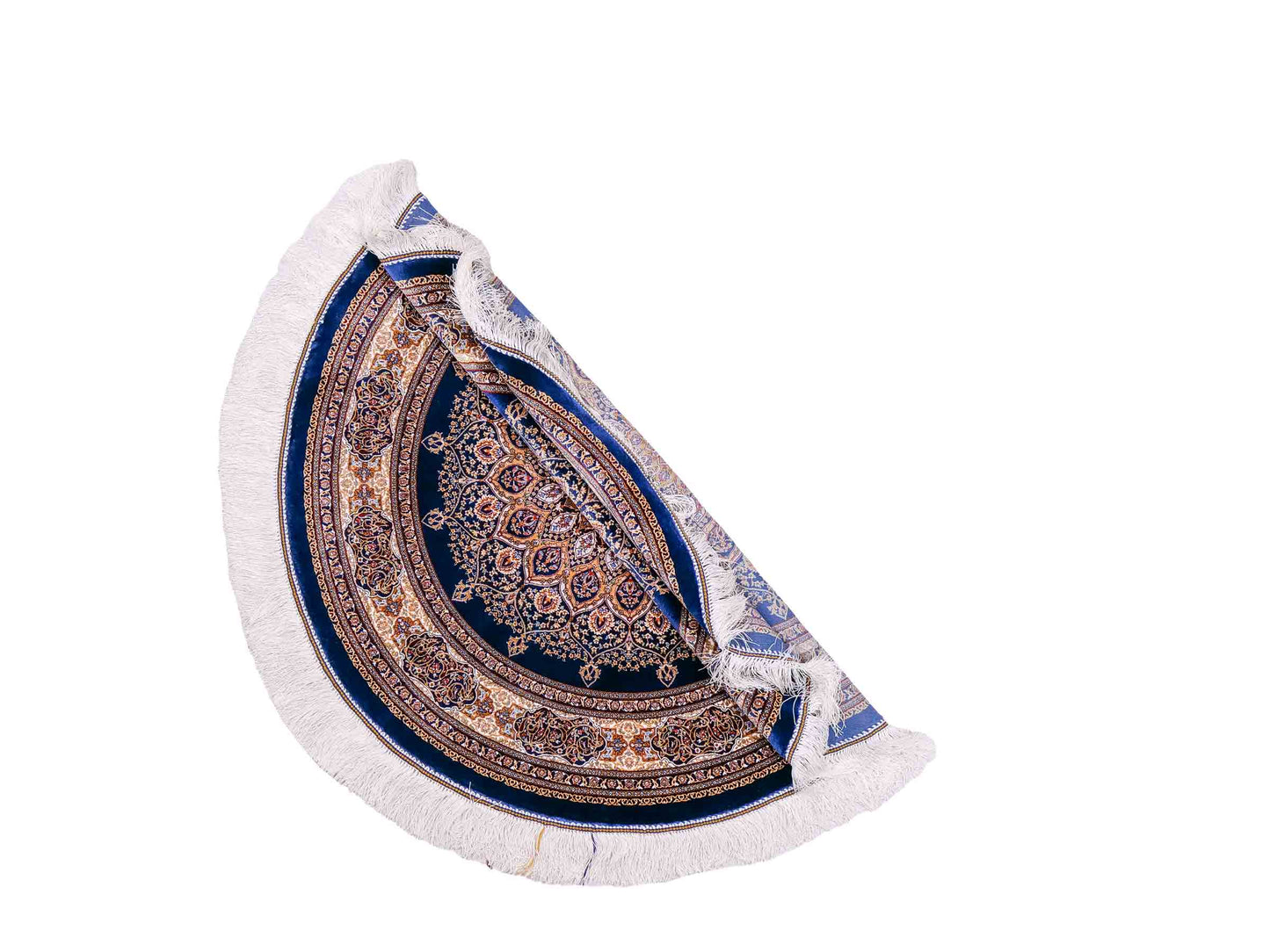 Runder Ghom Maschinenteppich "Arsaces" 100 x 100 cm aus pflanzlicher Seide (Viskose) mit Medaillon, Marineblau. Teppichnummer: V7NY100H. Persian Luxury Collection by Khademi. Made in Iran / Persia – Vertrieb durch JUPITER Intl.