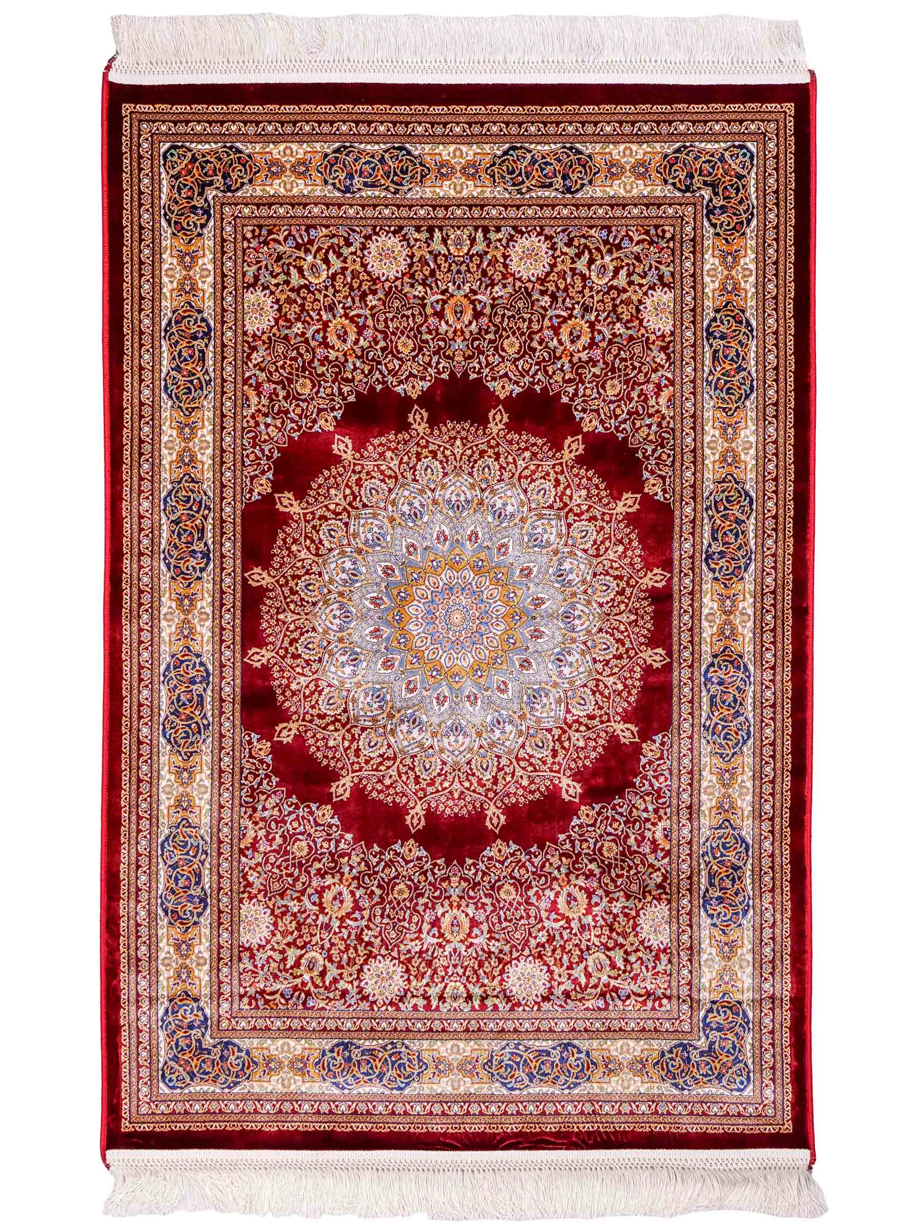 Runder Ghom Maschinenteppich "Arsaces" 120 x 80 cm aus pflanzlicher Seide (Viskose) mit Medaillon, Rot. Teppichnummer: V7RD096M. Persian Luxury Collection by Khademi. Made in Iran / Persia – Vertrieb durch JUPITER Intl.