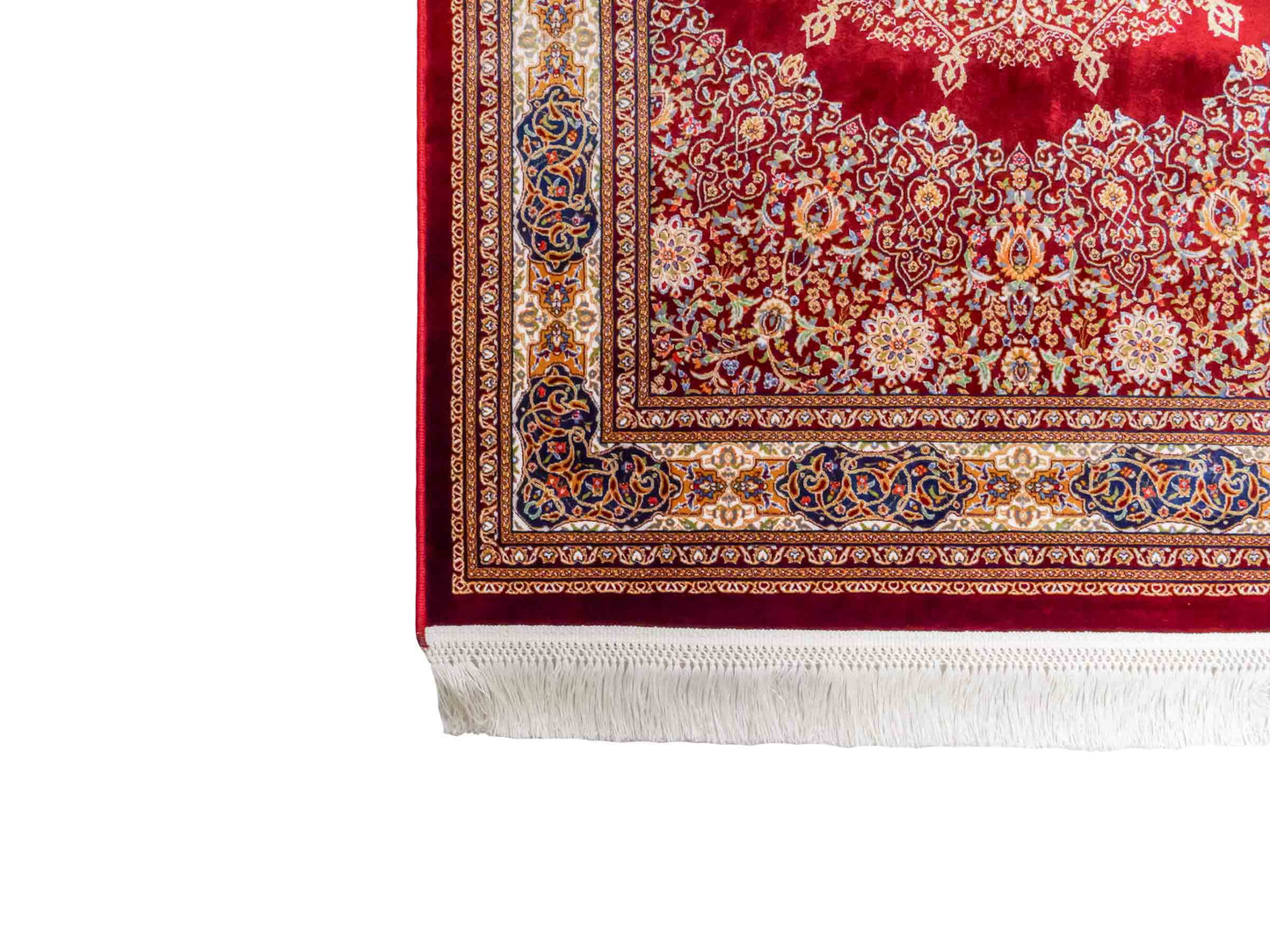 Runder Ghom Maschinenteppich "Arsaces" 120 x 80 cm aus pflanzlicher Seide (Viskose) mit Medaillon, Rot. Teppichnummer: V7RD096M. Persian Luxury Collection by Khademi. Made in Iran / Persia – Vertrieb durch JUPITER Intl.