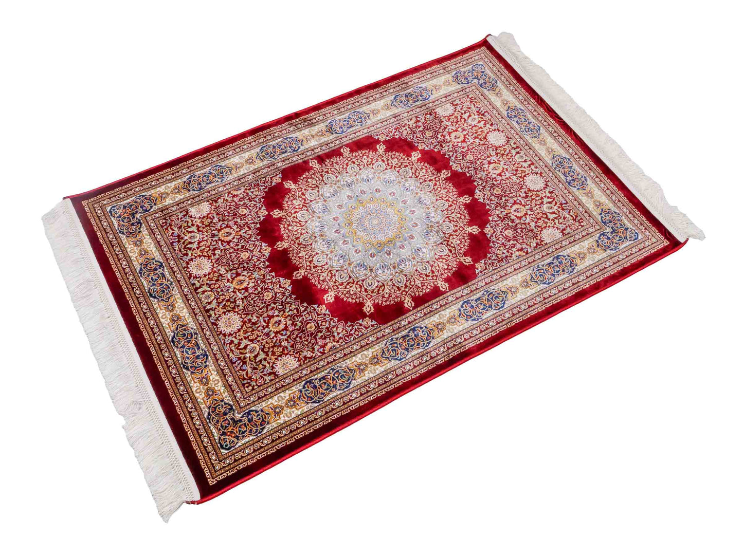 Runder Ghom Maschinenteppich "Arsaces" 120 x 80 cm aus pflanzlicher Seide (Viskose) mit Medaillon, Rot. Teppichnummer: V7RD096M. Persian Luxury Collection by Khademi. Made in Iran / Persia – Vertrieb durch JUPITER Intl.