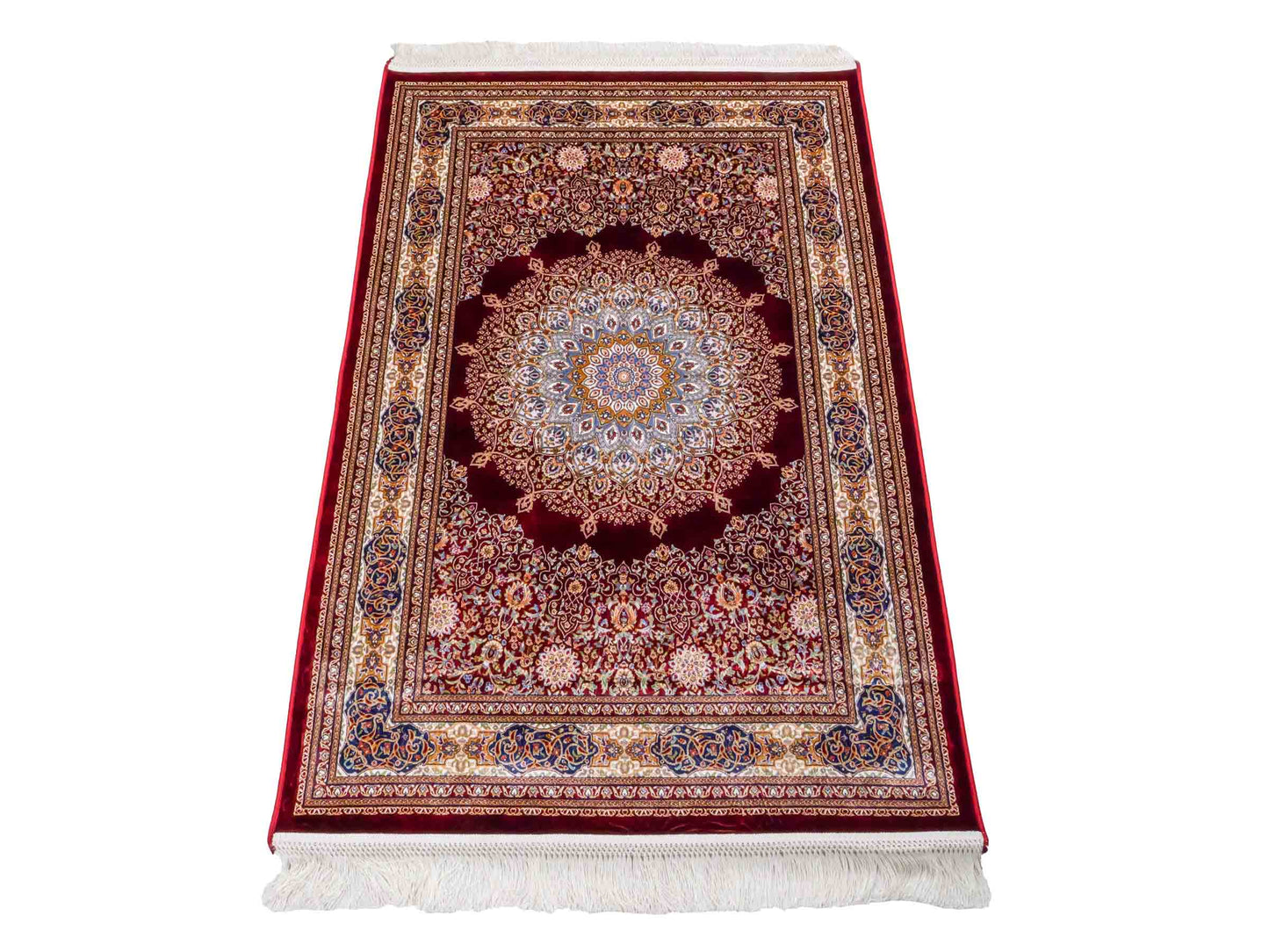 Runder Ghom Maschinenteppich "Arsaces" 120 x 80 cm aus pflanzlicher Seide (Viskose) mit Medaillon, Rot. Teppichnummer: V7RD096M. Persian Luxury Collection by Khademi. Made in Iran / Persia – Vertrieb durch JUPITER Intl.