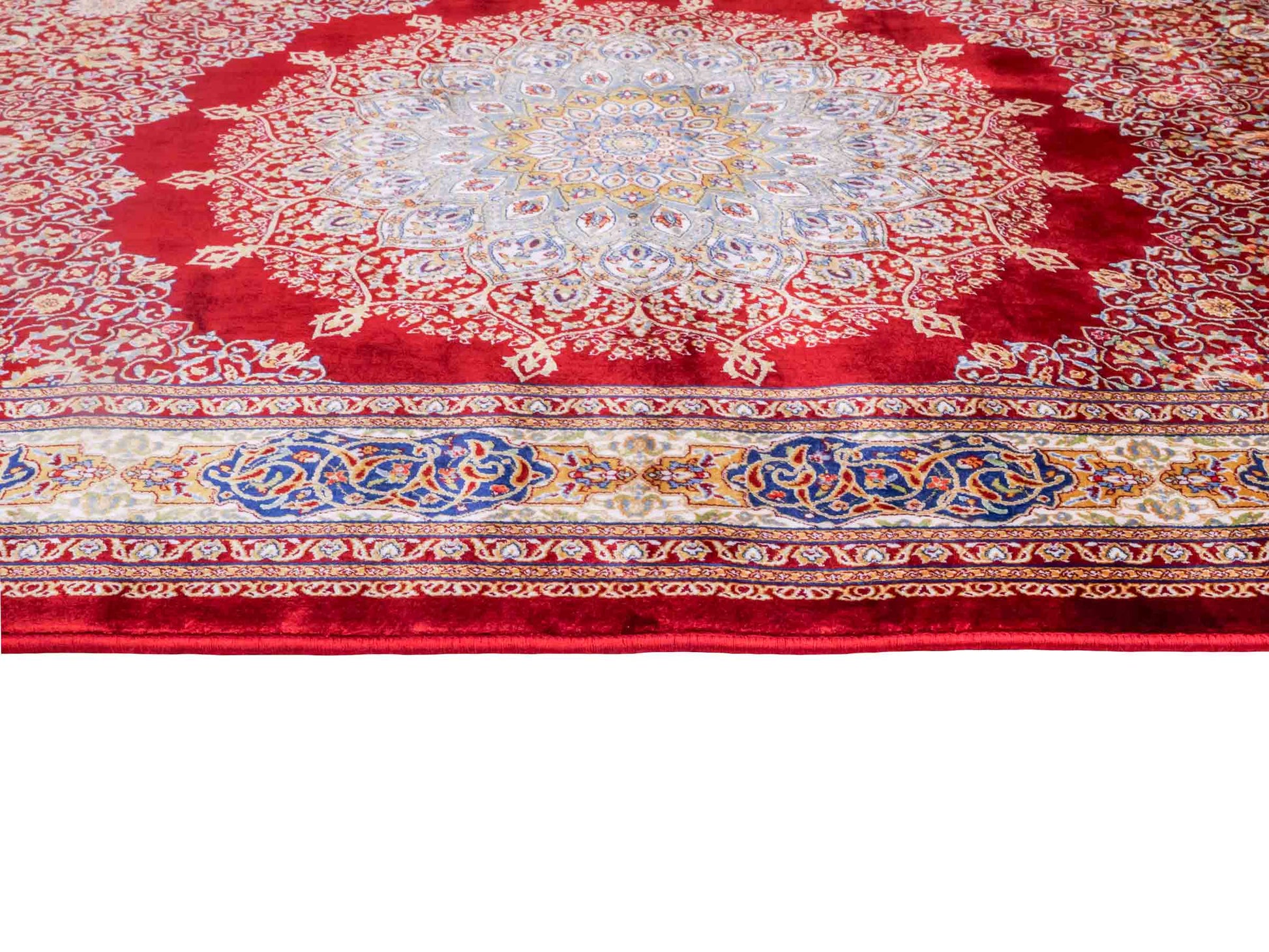 Runder Ghom Maschinenteppich "Arsaces" 120 x 80 cm aus pflanzlicher Seide (Viskose) mit Medaillon, Rot. Teppichnummer: V7RD096M. Persian Luxury Collection by Khademi. Made in Iran / Persia – Vertrieb durch JUPITER Intl.