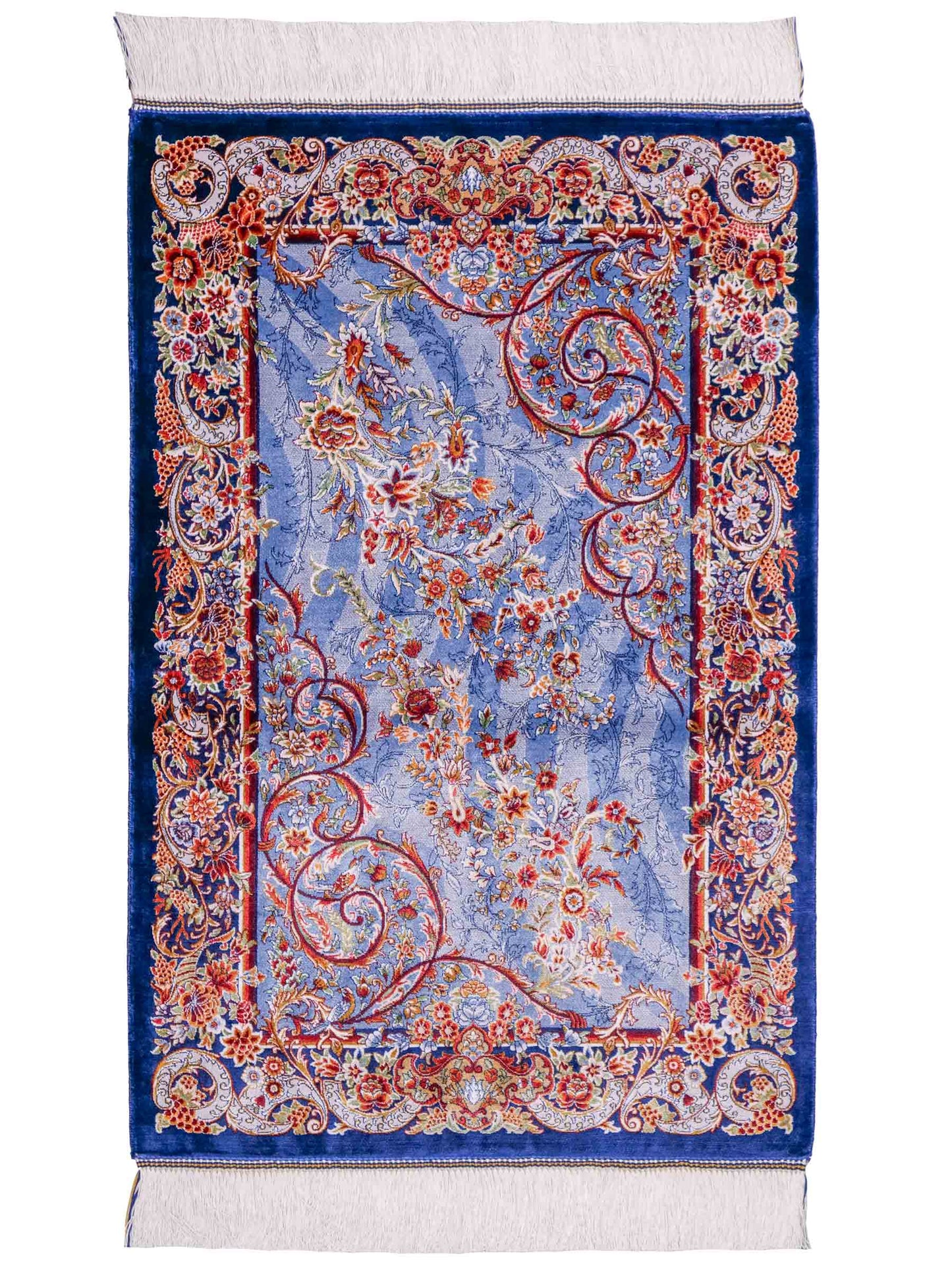 Ghom Maschinenteppich "Arsames" 90 x 60 cm aus pflanzlicher Seide (Viskose) mit Allover-Design, Blau-Navy. Teppichnummer: V8BN054H. Persian Luxury Collection by Khademi. Made in Iran / Persia – Vertrieb durch JUPITER Intl.