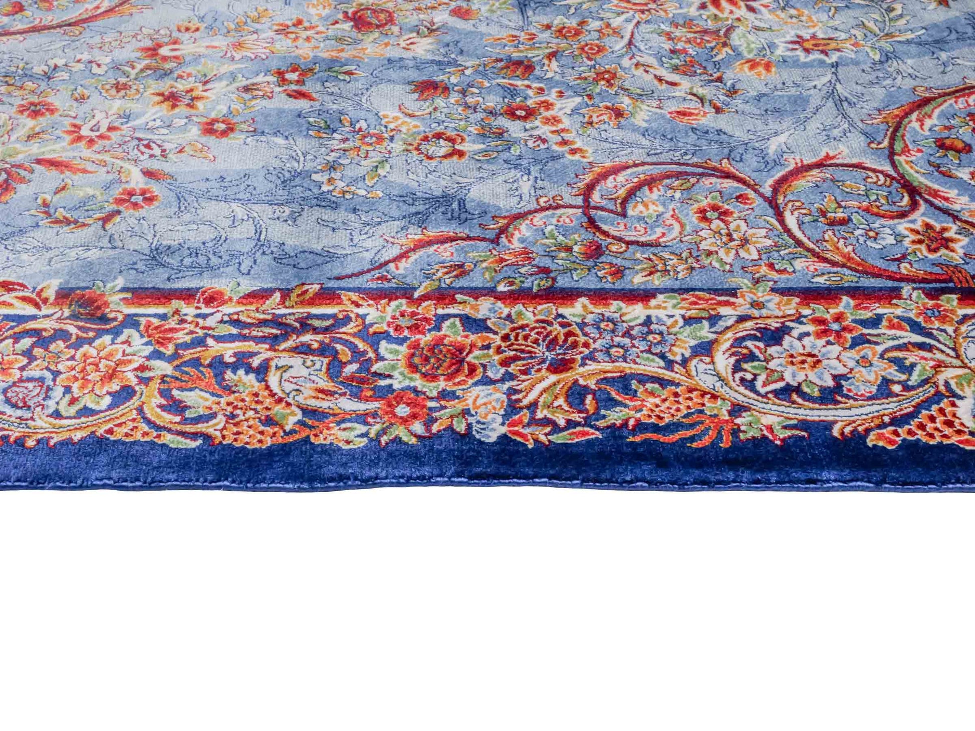 Ghom Maschinenteppich "Arsames" 90 x 60 cm aus pflanzlicher Seide (Viskose) mit Allover-Design, Blau-Navy. Teppichnummer: V8BN054H. Persian Luxury Collection by Khademi. Made in Iran / Persia – Vertrieb durch JUPITER Intl.