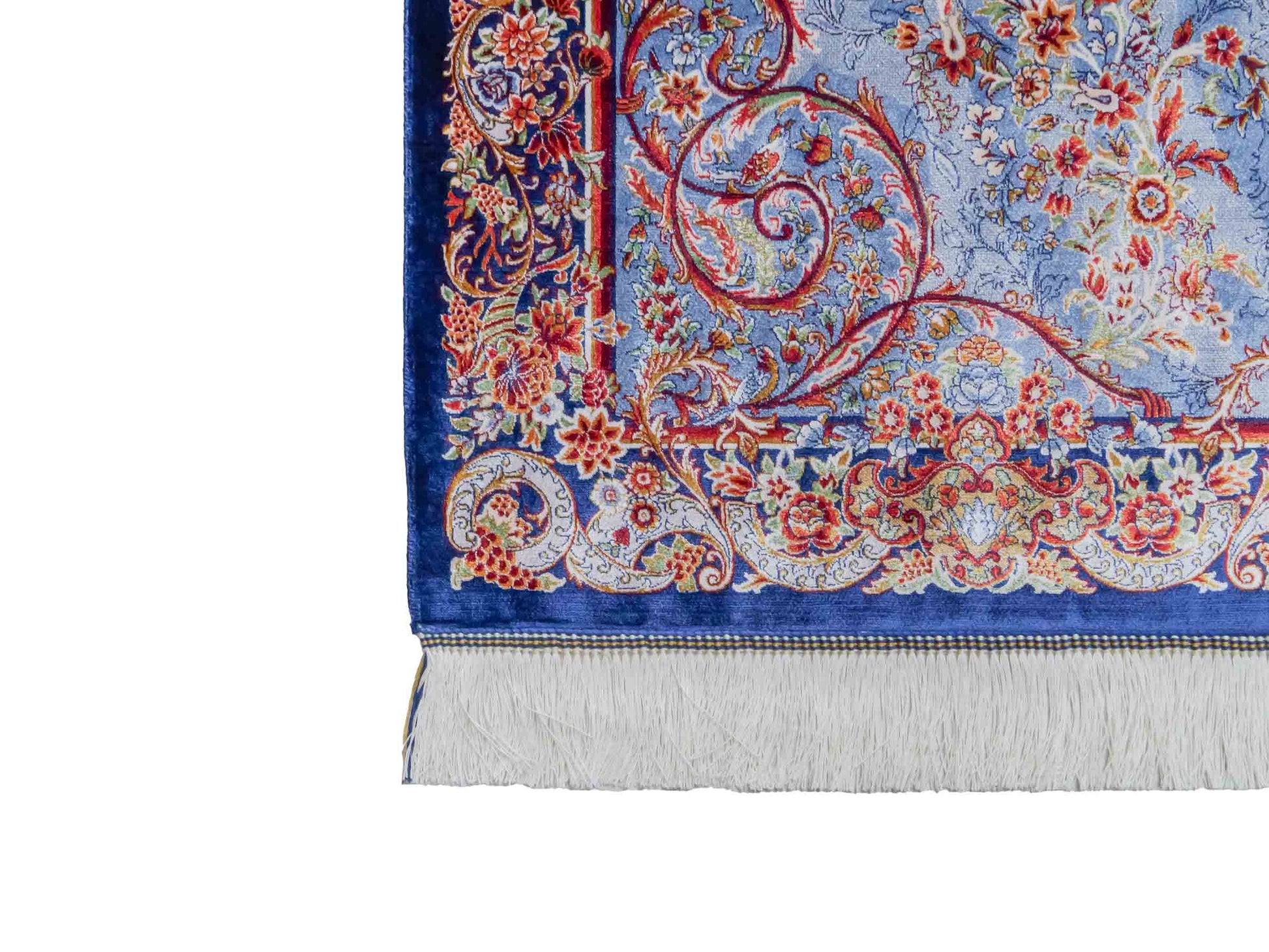 Ghom Maschinenteppich "Arsames" 90 x 60 cm aus pflanzlicher Seide (Viskose) mit Allover-Design, Blau-Navy. Teppichnummer: V8BN054H. Persian Luxury Collection by Khademi. Made in Iran / Persia – Vertrieb durch JUPITER Intl.