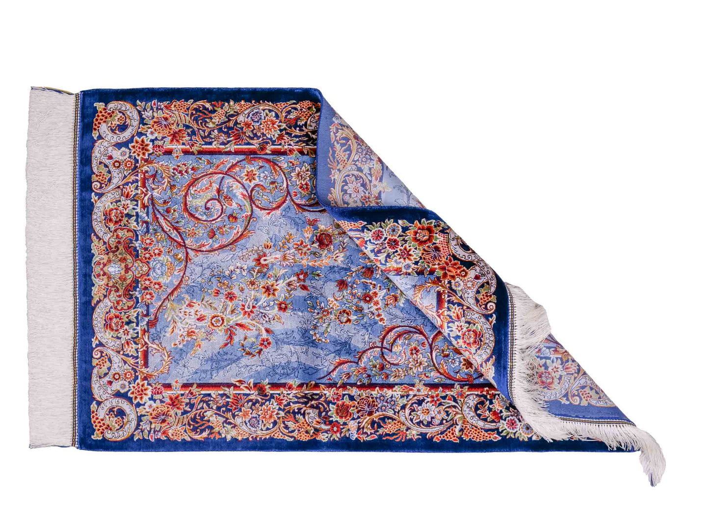 Ghom Maschinenteppich "Arsames" 90 x 60 cm aus pflanzlicher Seide (Viskose) mit Allover-Design, Blau-Navy. Teppichnummer: V8BN054H. Persian Luxury Collection by Khademi. Made in Iran / Persia – Vertrieb durch JUPITER Intl.