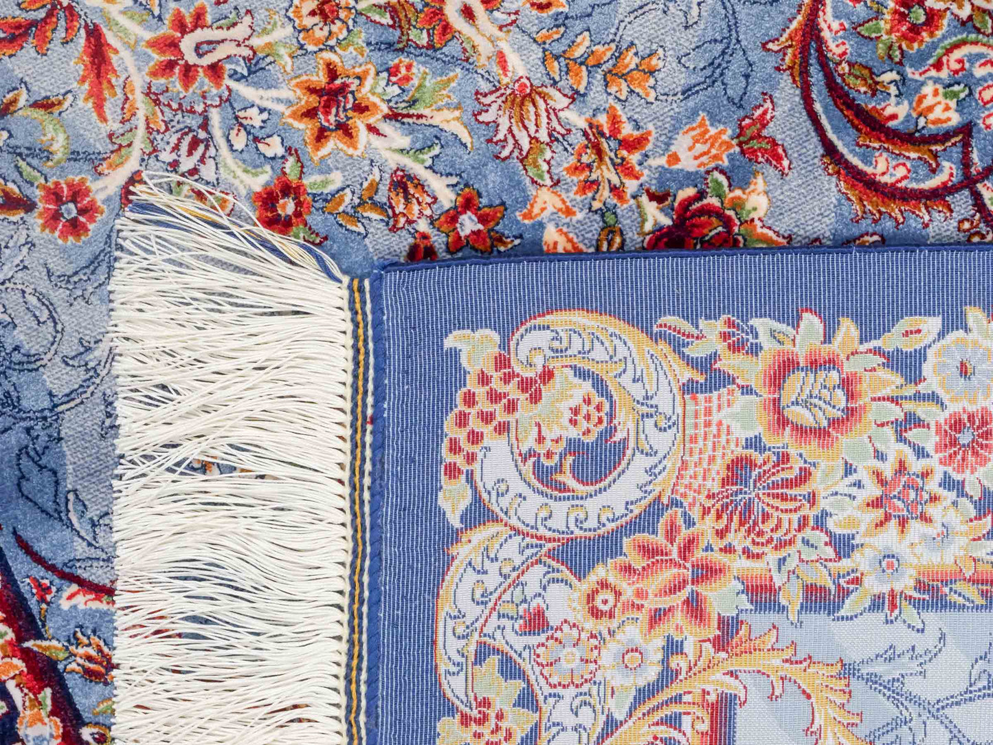 Ghom Maschinenteppich "Arsames" 90 x 60 cm aus pflanzlicher Seide (Viskose) mit Allover-Design, Blau-Navy. Teppichnummer: V8BN054H. Persian Luxury Collection by Khademi. Made in Iran / Persia – Vertrieb durch JUPITER Intl.