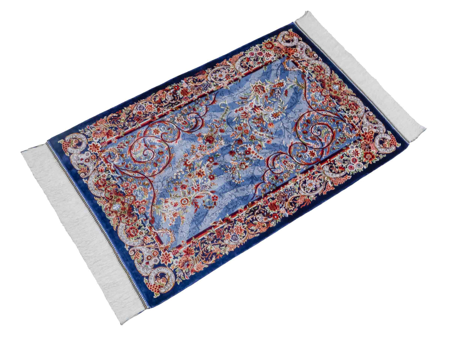 Ghom Maschinenteppich "Arsames" 90 x 60 cm aus pflanzlicher Seide (Viskose) mit Allover-Design, Blau-Navy. Teppichnummer: V8BN054H. Persian Luxury Collection by Khademi. Made in Iran / Persia – Vertrieb durch JUPITER Intl.
