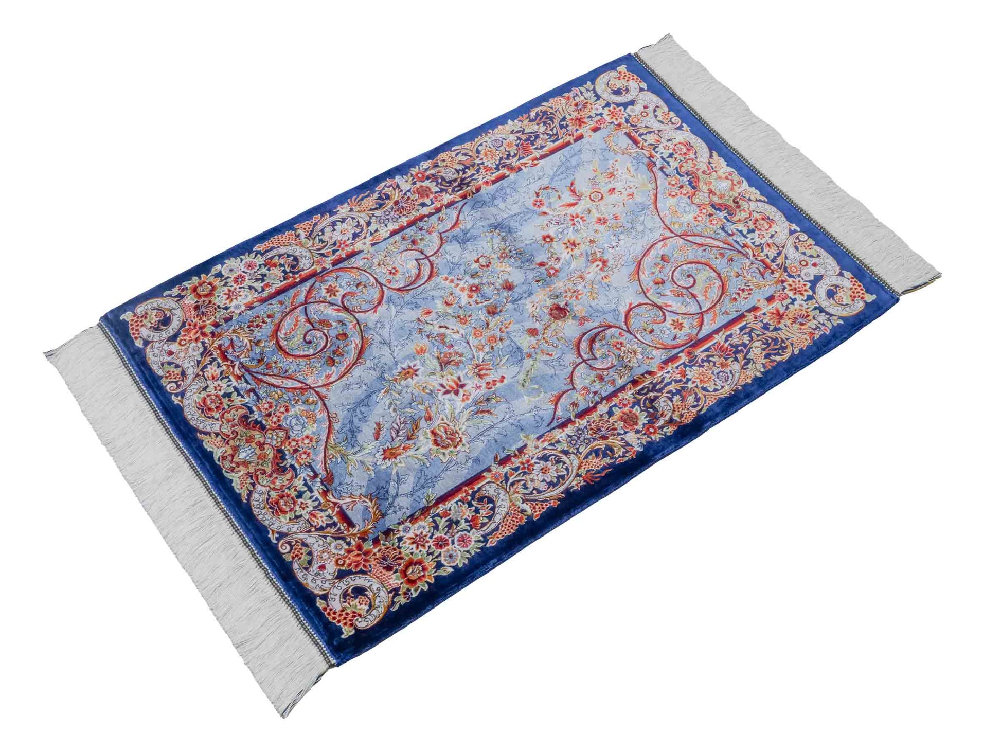 Ghom Maschinenteppich "Arsames" 90 x 60 cm aus pflanzlicher Seide (Viskose) mit Allover-Design, Blau-Navy. Teppichnummer: V8BN054H. Persian Luxury Collection by Khademi. Made in Iran / Persia – Vertrieb durch JUPITER Intl.