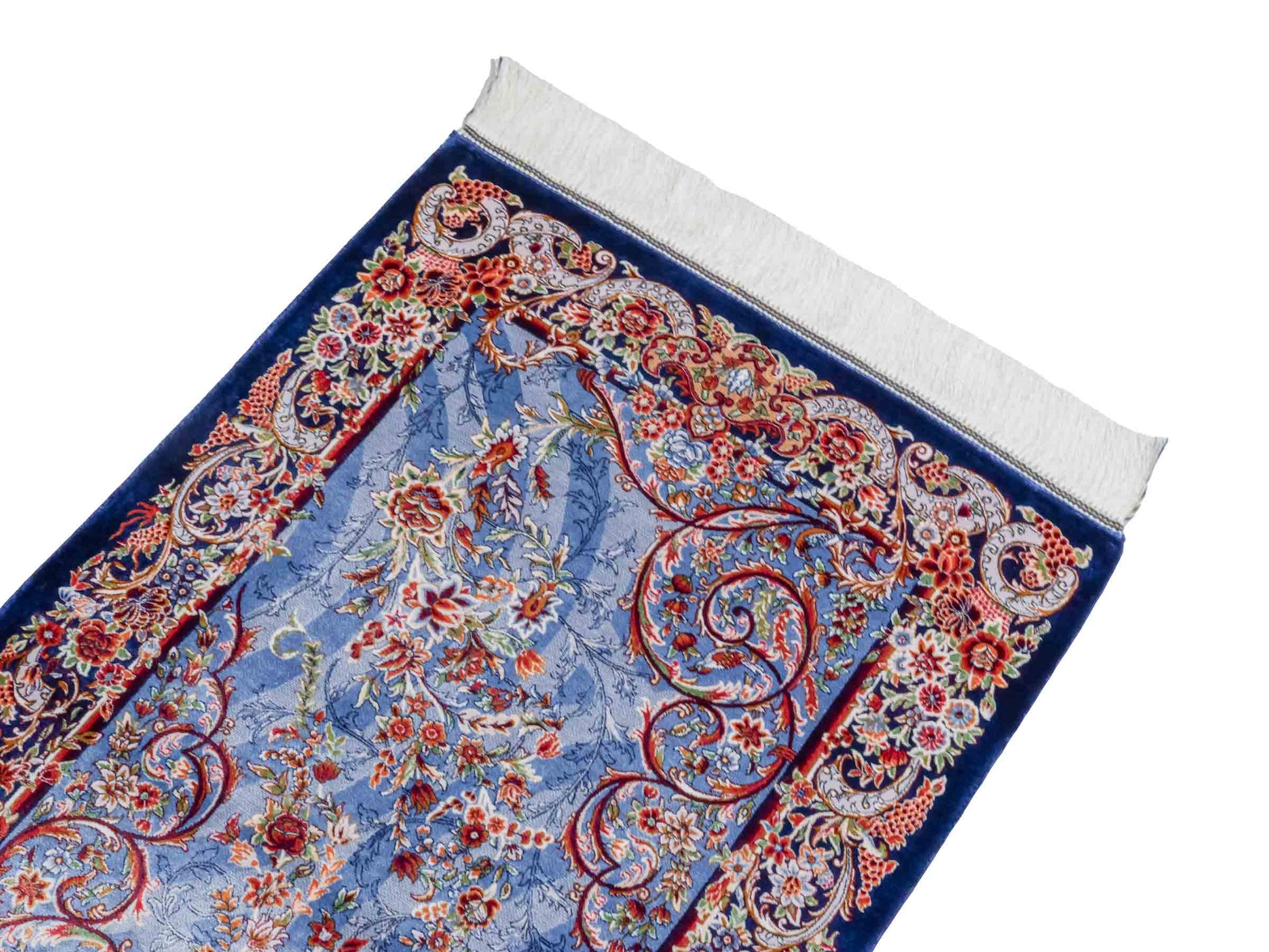 Ghom Maschinenteppich "Arsames" 90 x 60 cm aus pflanzlicher Seide (Viskose) mit Allover-Design, Blau-Navy. Teppichnummer: V8BN054H. Persian Luxury Collection by Khademi. Made in Iran / Persia – Vertrieb durch JUPITER Intl.