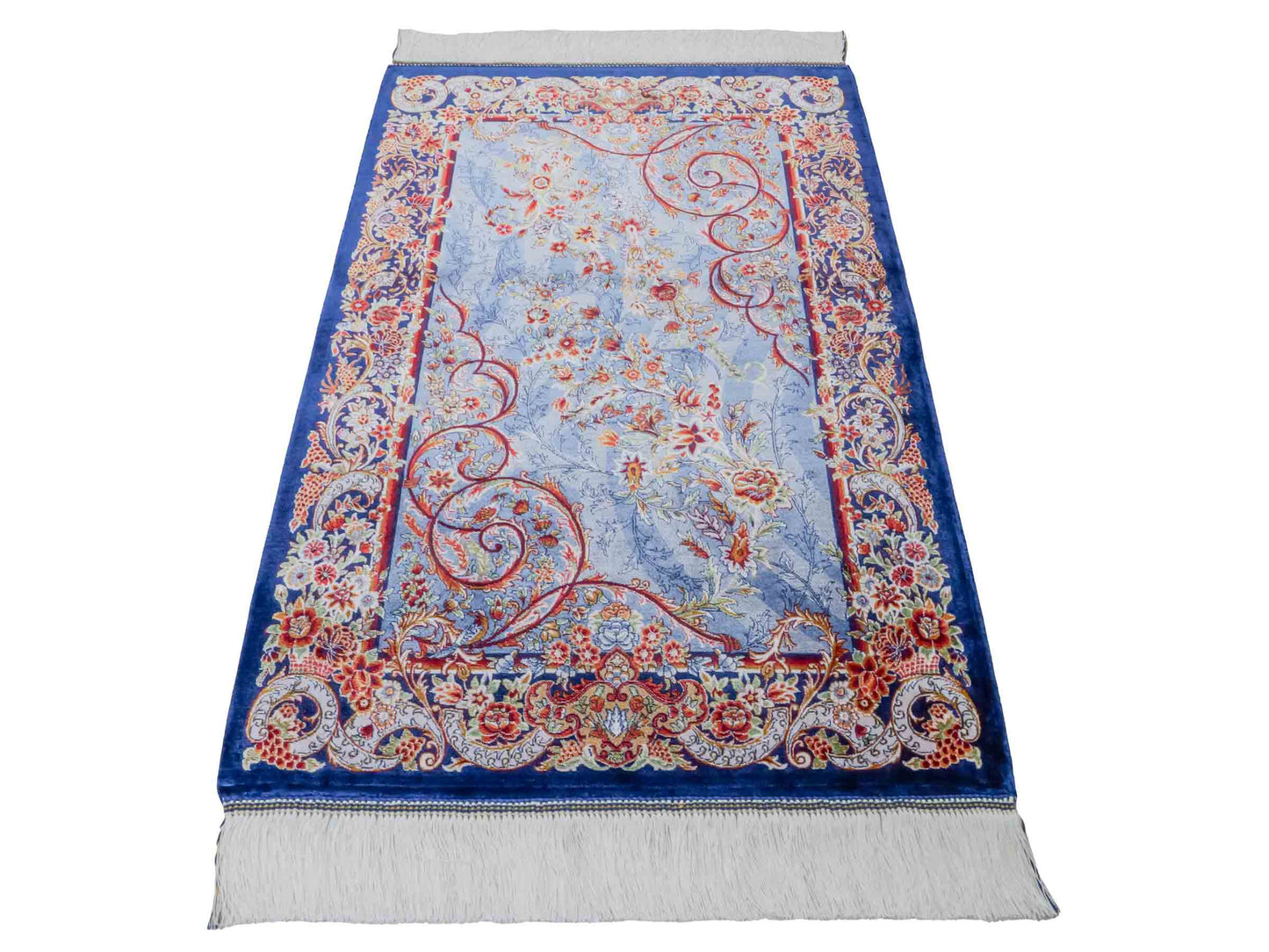 Ghom Maschinenteppich "Arsames" 90 x 60 cm aus pflanzlicher Seide (Viskose) mit Allover-Design, Blau-Navy. Teppichnummer: V8BN054H. Persian Luxury Collection by Khademi. Made in Iran / Persia – Vertrieb durch JUPITER Intl.