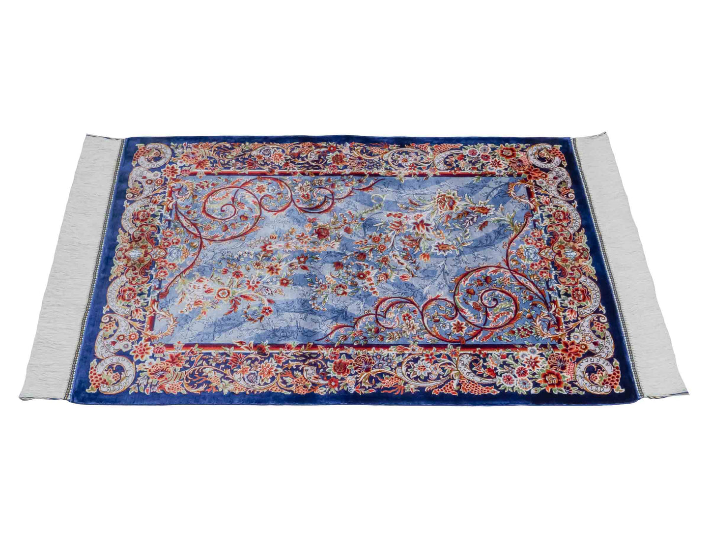 Ghom Maschinenteppich "Arsames" 90 x 60 cm aus pflanzlicher Seide (Viskose) mit Allover-Design, Blau-Navy. Teppichnummer: V8BN054H. Persian Luxury Collection by Khademi. Made in Iran / Persia – Vertrieb durch JUPITER Intl.