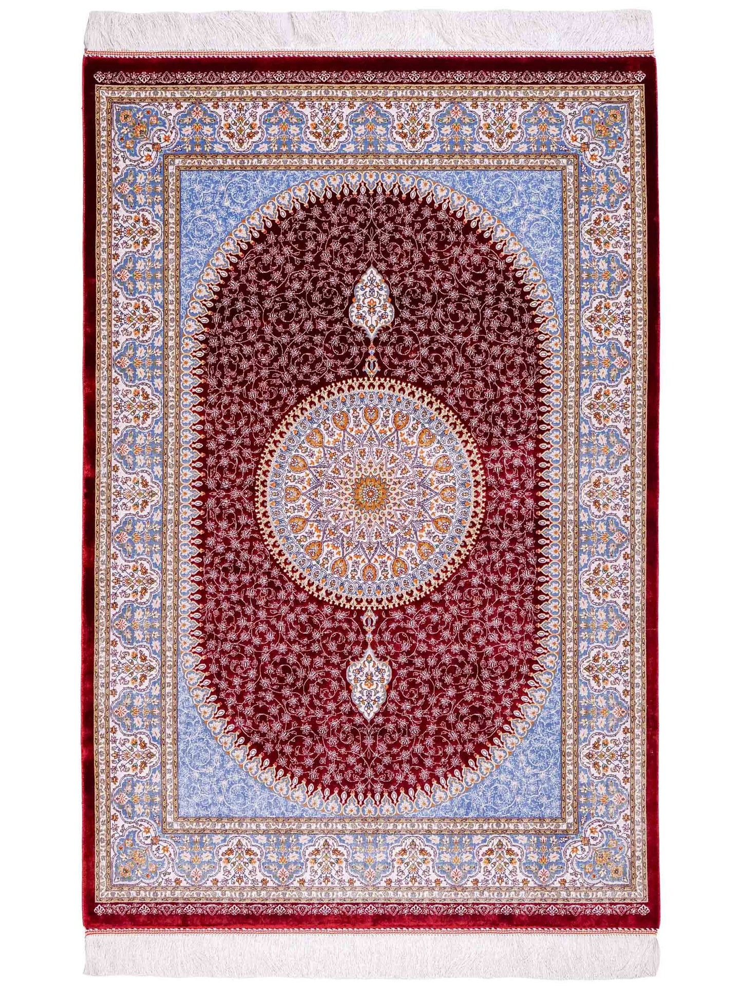 Ghom Maschinenteppich "Arshir" 150 x 100 cm aus pflanzlicher Seide (Viskose) mit Medaillon, Rot. Teppichnummer: V6RD150H. Persian Luxury Collection by Khademi. Made in Iran / Persia – Vertrieb durch JUPITER Intl.